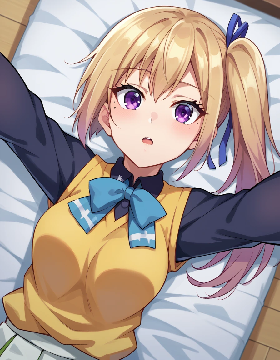 anime girl with blonde hair and blue eyes laying on a bed, cute girl anime visual, anime best girls, hanayamata, small curve , cute anime girl, anime girl named lucy, anime moe art style, rei hiroe, pretty anime girl, (anime girl), young anime girl, seductive anime girl, naughty anime style