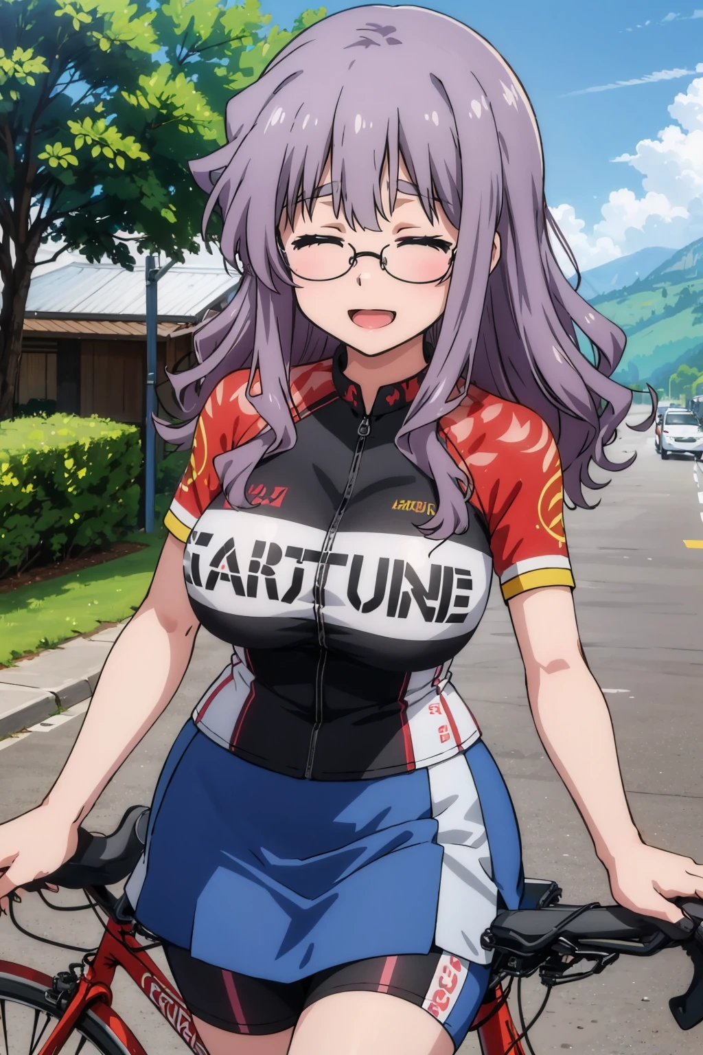 masterpiece, best quality, 1girl, <lora:ichinoseyayoi-nvwls-v1-000009:0.9> ichinoseyayoi, glasses, closed eyes, red and black shirt, short sleeves, clothes writing, blue skirt, shorts under skirt, large breasts, cowboy shot, bicycle, road, looking at viewer, :D