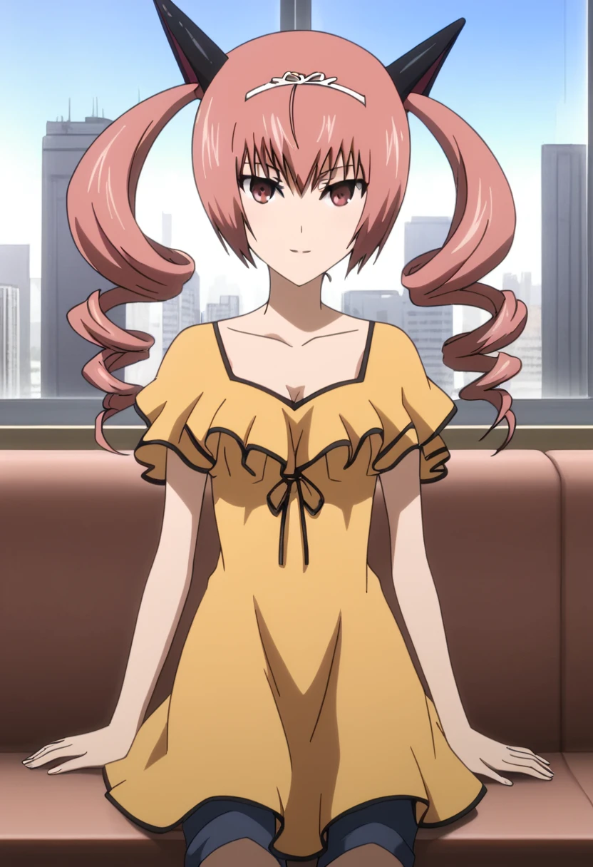<lora:Faris:1> faris, AkihaRumiho,1girl,twin drills,pink eyes,solo, (yellow dress:1.2),shorts, window_,city,building,indoor,sunshine,spacious interior,sofa,raw table,