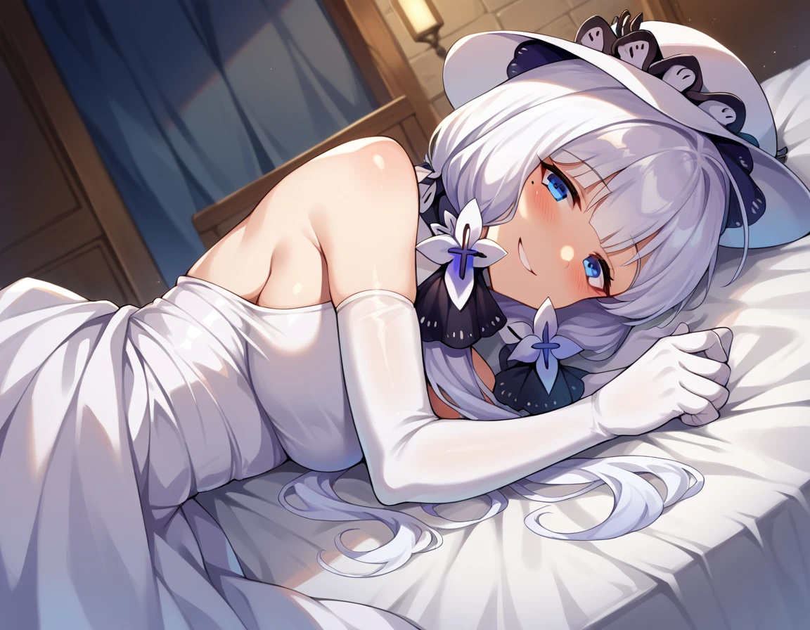 score_9, score_8_up, score_7_up, source_anime,
illustrious, <lora:azur-lane-illustrious-ponyxl-lora-nochekaiser:1>,
illustrious, blue eyes, hair ornament, hair ribbon, long hair, mole, mole under eye, white hair, smile,
dress, elbow gloves, gloves, hat, ribbon, white dress, white gloves, white headwear,
indoors, bed, bed room, on side, blush, drunk,
looking at viewer, cowboy shot, dutch angle,
