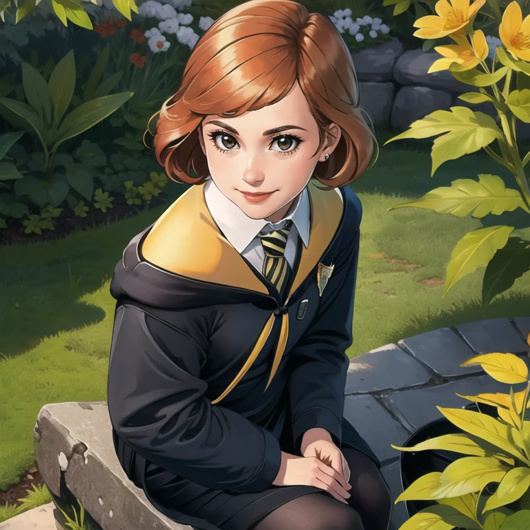 (best quality, ultra detailed), (detailed background:1.2), (perfect face, detailed face), from above, looking at viewer, (mature female:1.4), smile, janecourt, 1girl, solo, orange hair, blonde hair, brown eyes, hogwarts school uniform, black skirt, white shirt, collared shirt, medium breasts, yellow necktie, striped necktie, black pantyhose, thighs, (garden, outdoors, sitting:1.2), <lora:JaneCourt_v1:0.76>