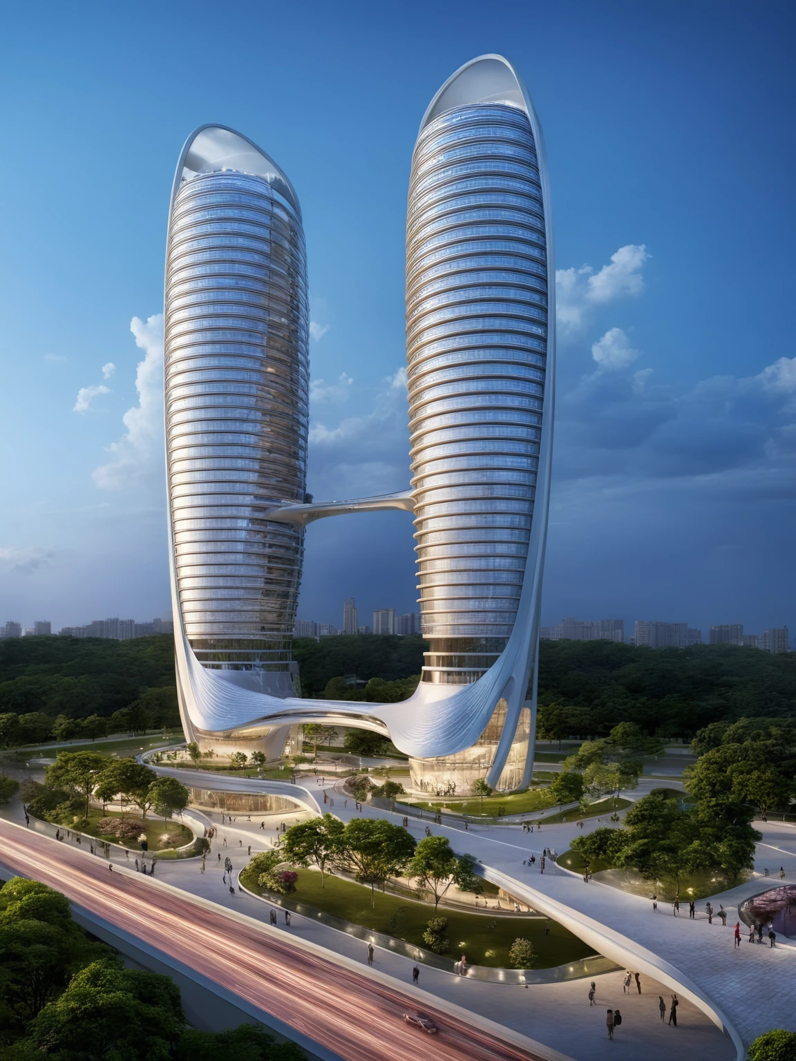 <lora:JJsCurvyArchitecture_XL:1>,((CurvyArchitecture)) , ((best quality)),((masterpiece)),((realistic)), outdoors, cloud, blue sky, no humans, building, scenery, city, cityscape, skyscraper,  center composition, park,  car, tree, dramatic lighting,