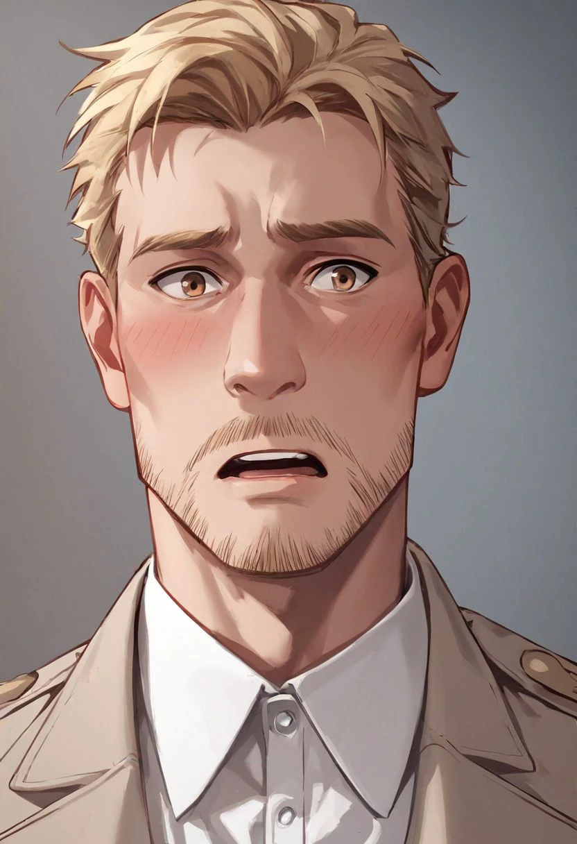 score_9, score_8_up, score_7_up, solo male, Reiner Braun, blond hair, short hair, flat hair (facial hair, stubble:1.1), hazel eyes, thin eyebrows, tall, white collared shirt, light-brown trench coat, (open coat:1.1), military green pants, black combat boots,  handsome, charming, alluring, (portrait, close-up:1.2), shy, blush, surprised, embarrassed, upper body, perfect anatomy, perfect proportions, best quality, masterpiece, high_resolution, cowboy shot, photo background, (perfect face, perfect eyes:1.3)