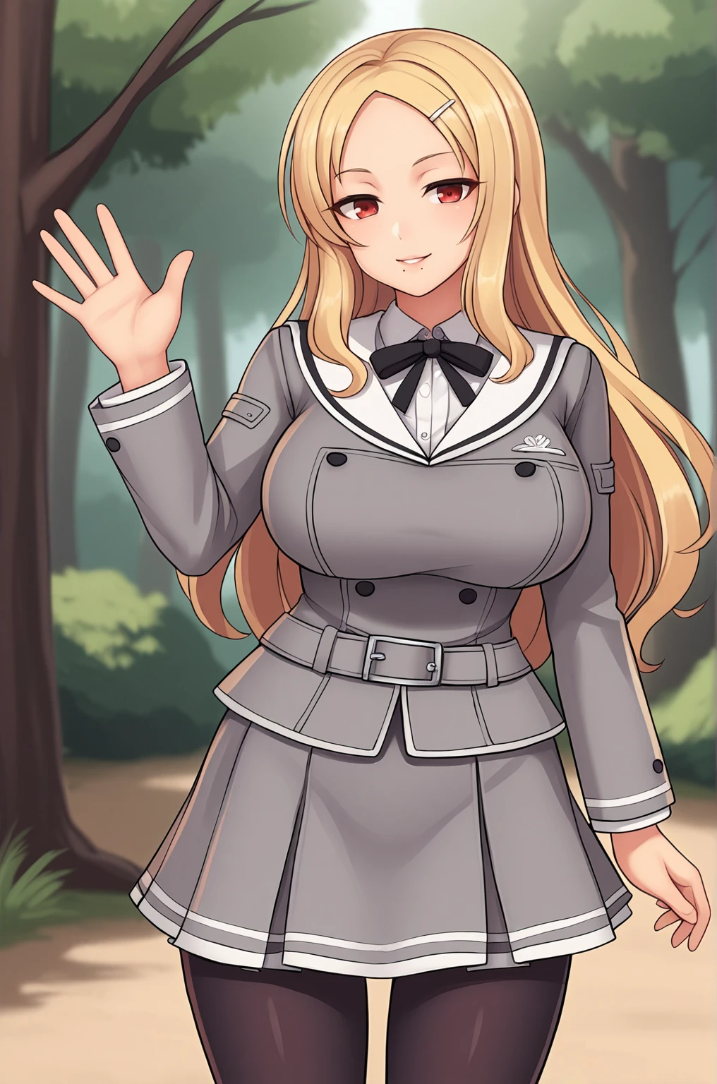 anime artwork score_9, score_8_up, score_7_up, score_6_up, score_5_up, score_4_up, source_anime, BREAK, thick outline, fat outline,
Shiki_XL, blonde, long hair, red eyes, mole under mouth, hairclip, large breasts, makeup, BREAK, shiki_school_outfit, school uniform, black pantyhose, grey jacket, grey skirt, neck ribbon, grey belt, BREAK, waving, forest,
<lora:Shiki_XL:0.7>
<lora:PersonalAmi_PonyXL:1.0>