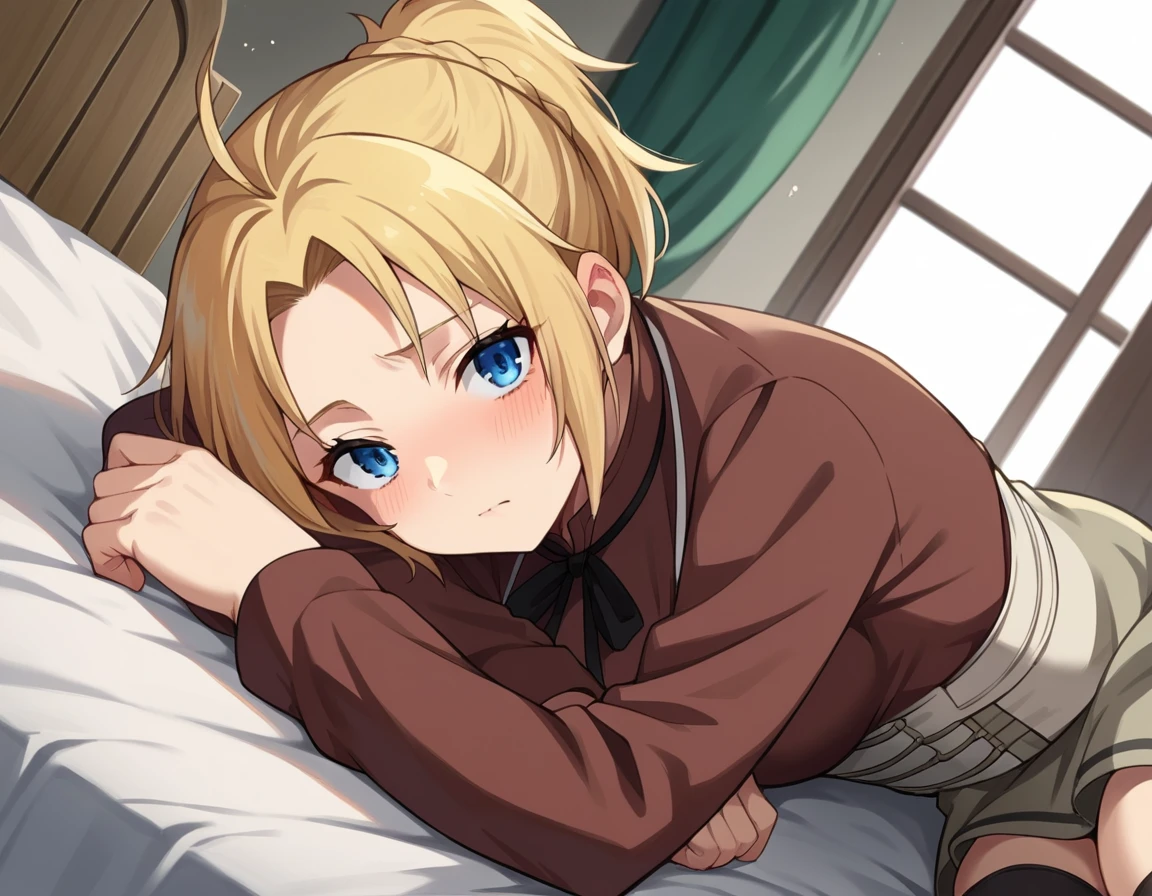 score_9, score_8_up, score_7_up, source_anime,
zenithgreyrat, <lora:zenith-greyrat-ponyxl-lora-nochekaiser:1>,
zenith greyrat, short hair, blonde hair, blue eyes, ponytail, ahoge,
skirt, shirt, thighhighs, long sleeves, ribbon, boots, black thighhighs, thigh boots, brown shirt,
indoors, bed, bed room, on side, drunk, blush,
looking at viewer, cowboy shot, dutch angle,