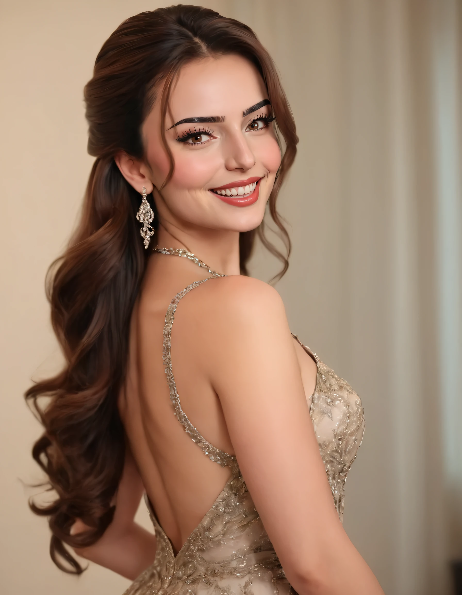 full body shot of a beautiful woman. In this scene, the stunning woman with a full body shot is captured, dressed in an elegant gown that accentuates her every curve; as she looks directly at the viewer, her long hair flows effortlessly down her back, framing her face perfectly; she wears meticulous makeup highlighting her natural beauty, adorned by intricate jewelry including a sparkling necklace, earrings that dazzle with every movement; her eyes are a captivating brown, mirroring sincerity and confidence, as her lips appear vividly red, showcasing her infectious smile. Di1araa.s <lora:ynspgy18e06ae6f62q681:1>