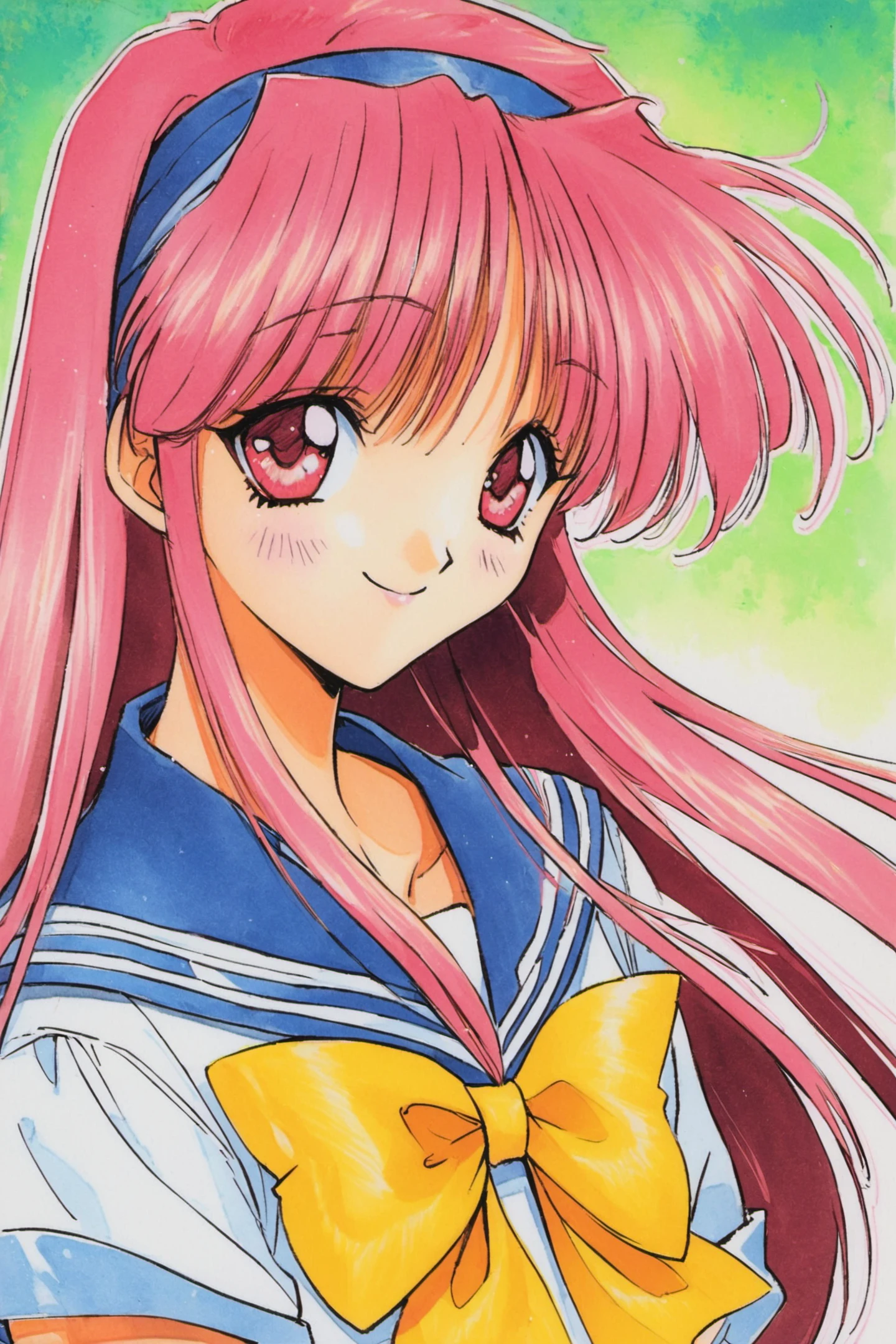 1girl,solo,long hair,school uniform,hairband,yellow bow,pink hair,red eyes,retro artstyle,bow,sailor collar,serafuku,smile,red hair,1990s (style),upper body,pink eyes,blue sailor collar,traditional media,<lora:Aoi Nanase_XL:0.9>,