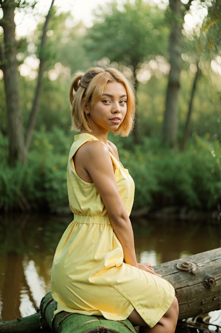 tv_Jojo_Austin_PS , , calm expression, wearing a colorful sundress, sitting on a log at a misty forest pond, golden hour, shot from the side, , 8k resolution, highres, high detail, sharp focus, , 8k uhd,