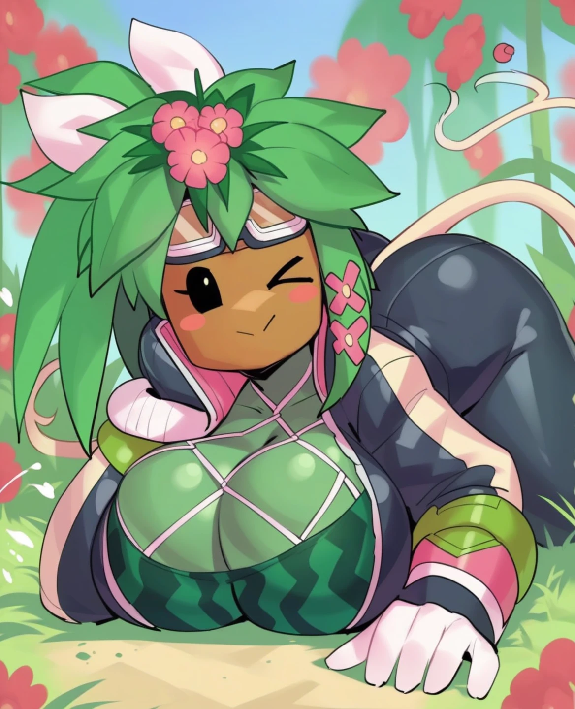 score_9, score_8_up, score_7_up, score_6_up, score_5_up, score_4_up, source_furry, (by shq:1.15), kanna \(blaster master\), elemental creature, elemental humanoid, flora fauna, humanoid, plant humanoid, accessory, big breasts, blush, blush stickers, breasts, cleavage, cleavage overflow, clothed, clothing, female, floral, flower, flower \(anatomy\), flower accessory, flower hair accessory, flower pot, for a head, goggles, green body, green skin, hair accessory, handwear, head flower, jacket, leaf, leaf hair, non-mammal breasts, not furry, plant, plant hair, pseudo hair, solo, tight clothing, topwear, watermelon pattern, (simple eyes, simple face, looking at viewer:1.3), detailed background, outside, garden, looking at viewer, wide hips, huge hips, big butt, fishnet, fishnet topwear, <lora:kanna_pdxl_:1>, wink, side view, head down ass up, tail, long tail, cow tail,