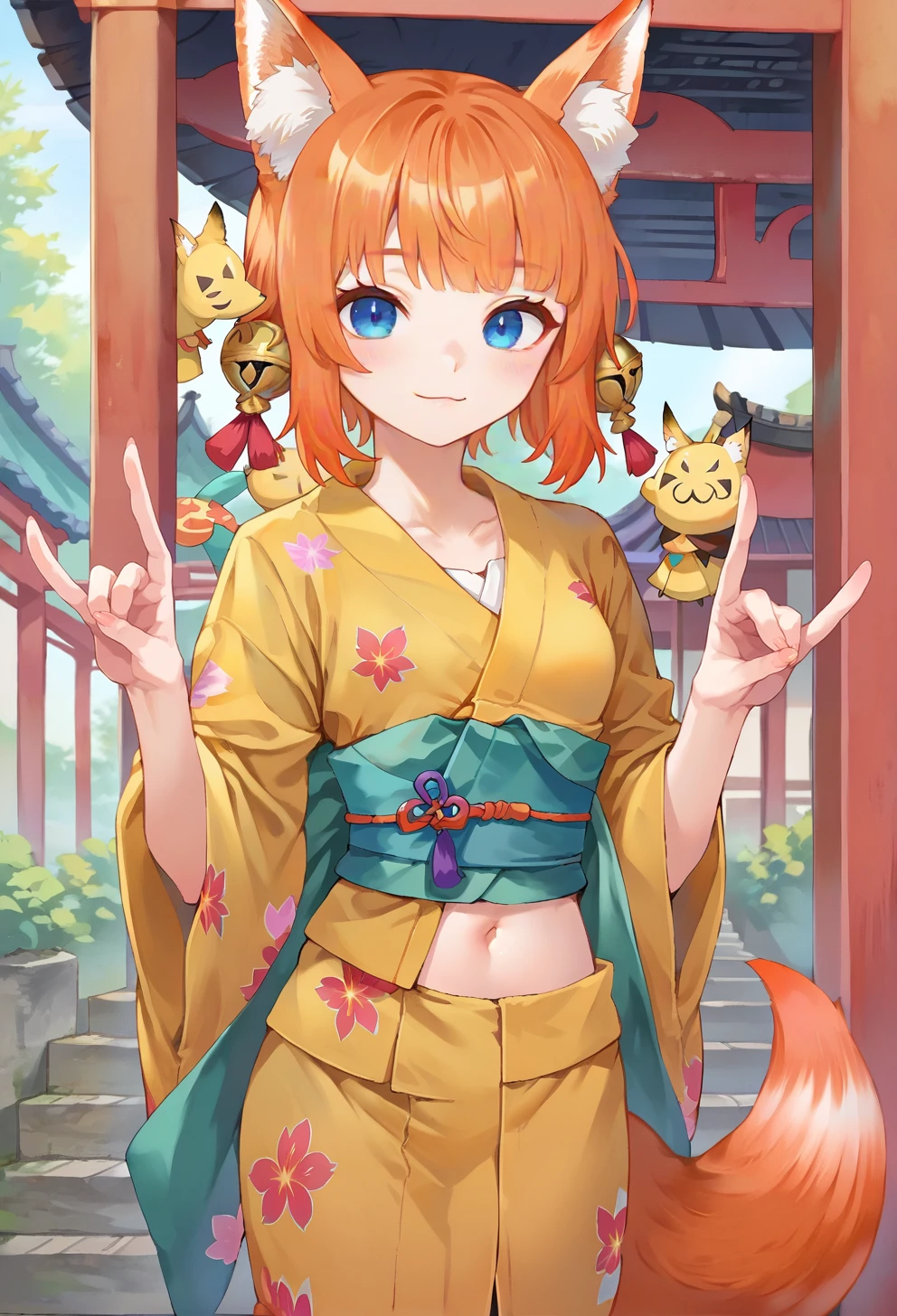 <lora:fox_girl_pony:1> score_9, score_8_up, score_7_up, score_6_up, source anime, double fox shadow puppet,
kittunemimi, fox girl, 1girl, kimono, solo, animal ears, blue eyes, fox tail, small breasts, orange hair, navel, smile, outdoors, looking at viewer, fox ears, blush, gradient hair, closed mouth, animal ear fluff, multicolored hair, bangs, gion