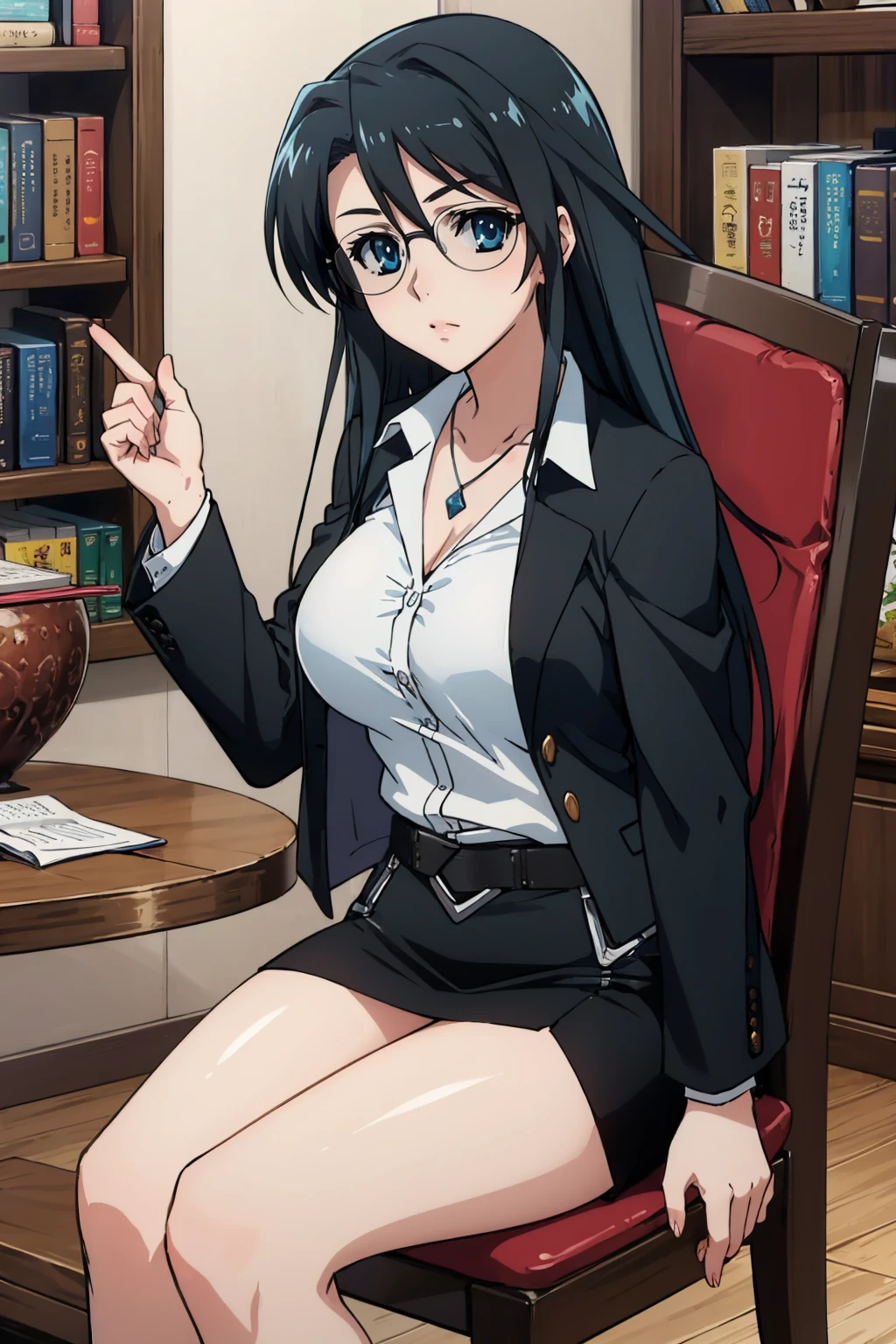 masterpiece, best quality, <lora:aneharamisa-nvwls-v1-000009:0.8> anehara misa, glasses, necklace, white shirt, black jacket, belt, black miniskirt, large breasts, looking at viewer, sitting, table, chair, bookshelf