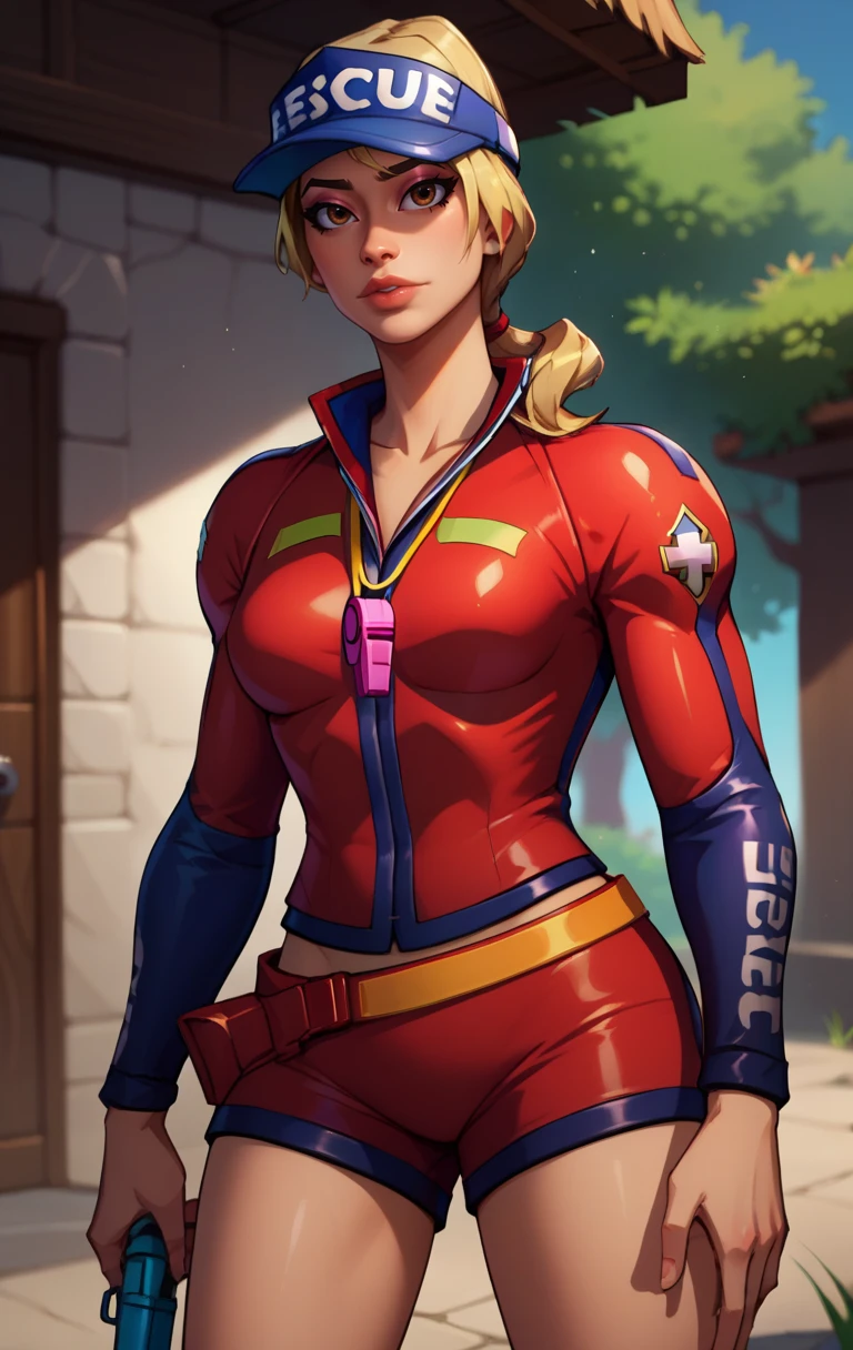 score_9, score_8_up, score_7_up, score_9, BREAK <lora:Sunstrider:1> sunstrider, 1girl, solo, blonde hair, hat, lips, brown eyes, ponytail, whistle, visor cap, shorts, cowboy shot