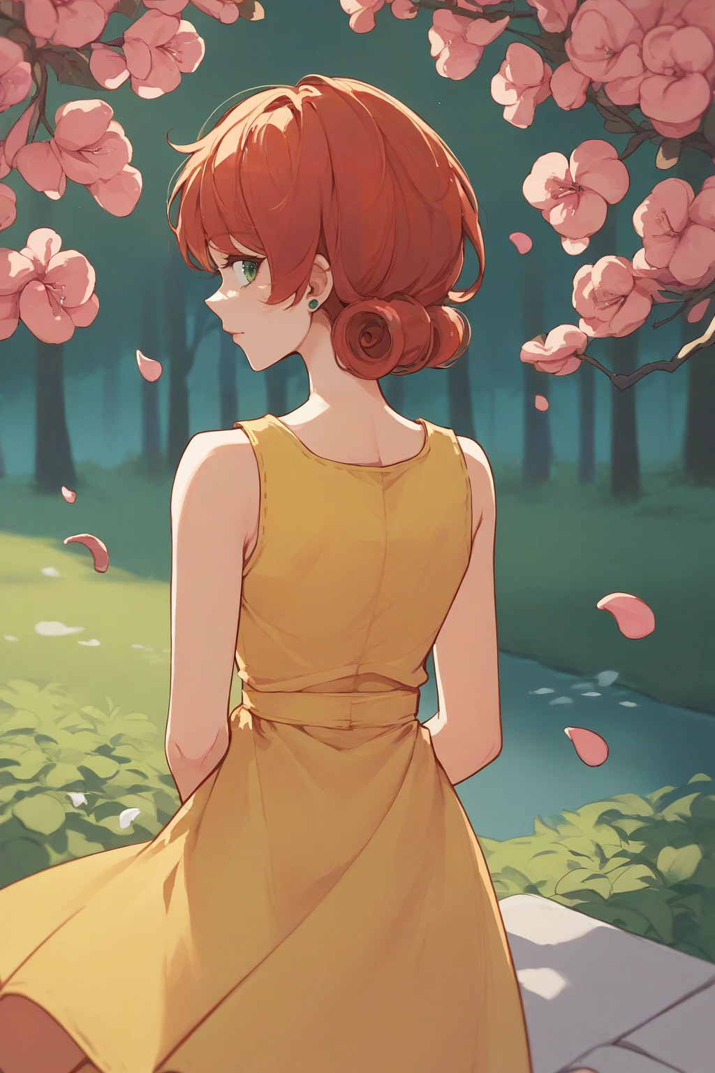 source_anime, score_9, score_8_up, 1girl <lora:NSPennyStardew:1> NSPennyStardew, green eyes, short hair, red hair, earrings, curly hair, from behind, yellow sundress, looking back, spring, cherry petals, outdoors