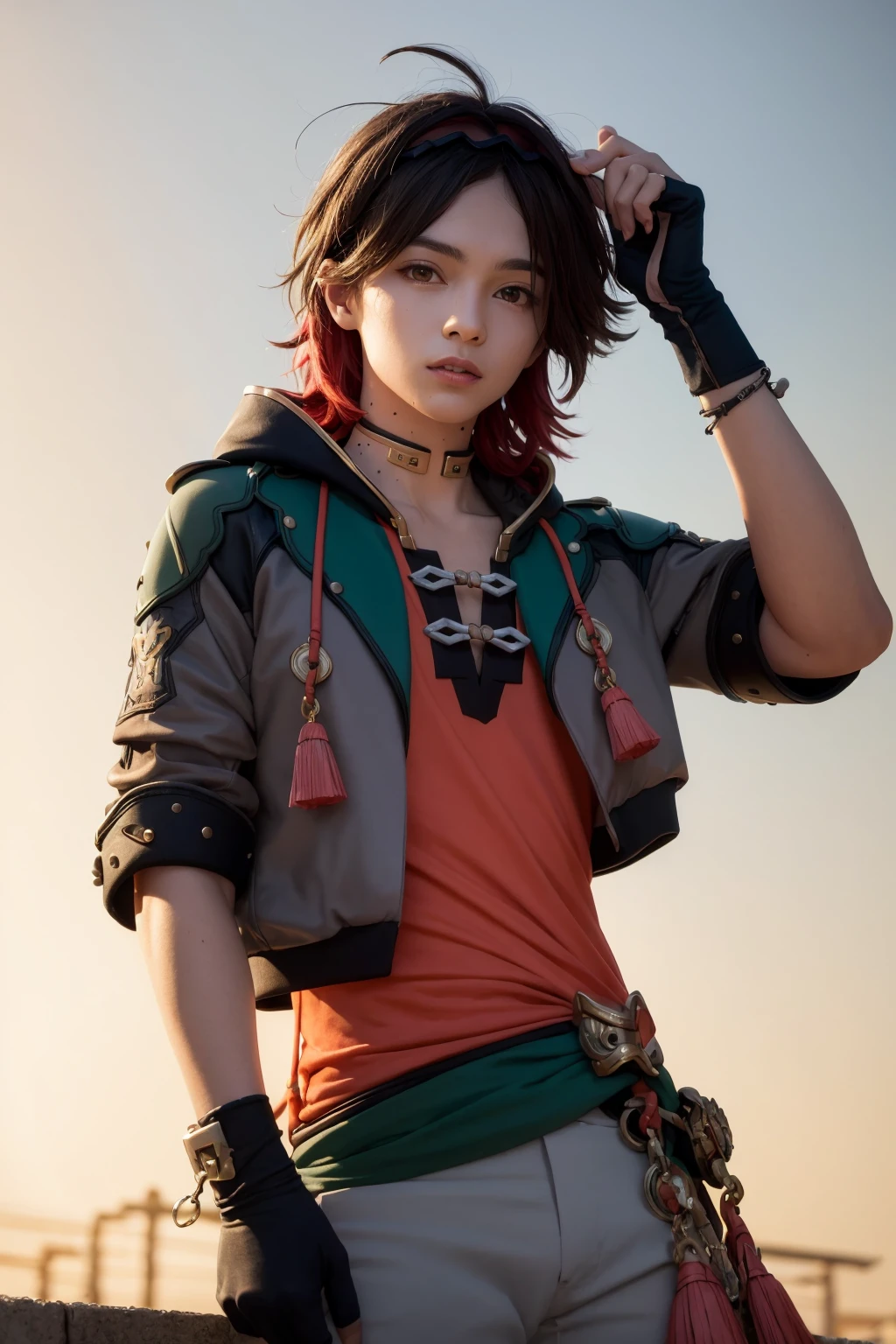 masterpiece, best quality, <lora:gaming:1>,
1boy, male focus, ahoge,multicolored hair, brown hair, short hair, hairband, brown eyes, choker, jewelry, hood, hood down, red shirt,black jacket, short sleeves,grey pants,tassel,fingerless gloves,