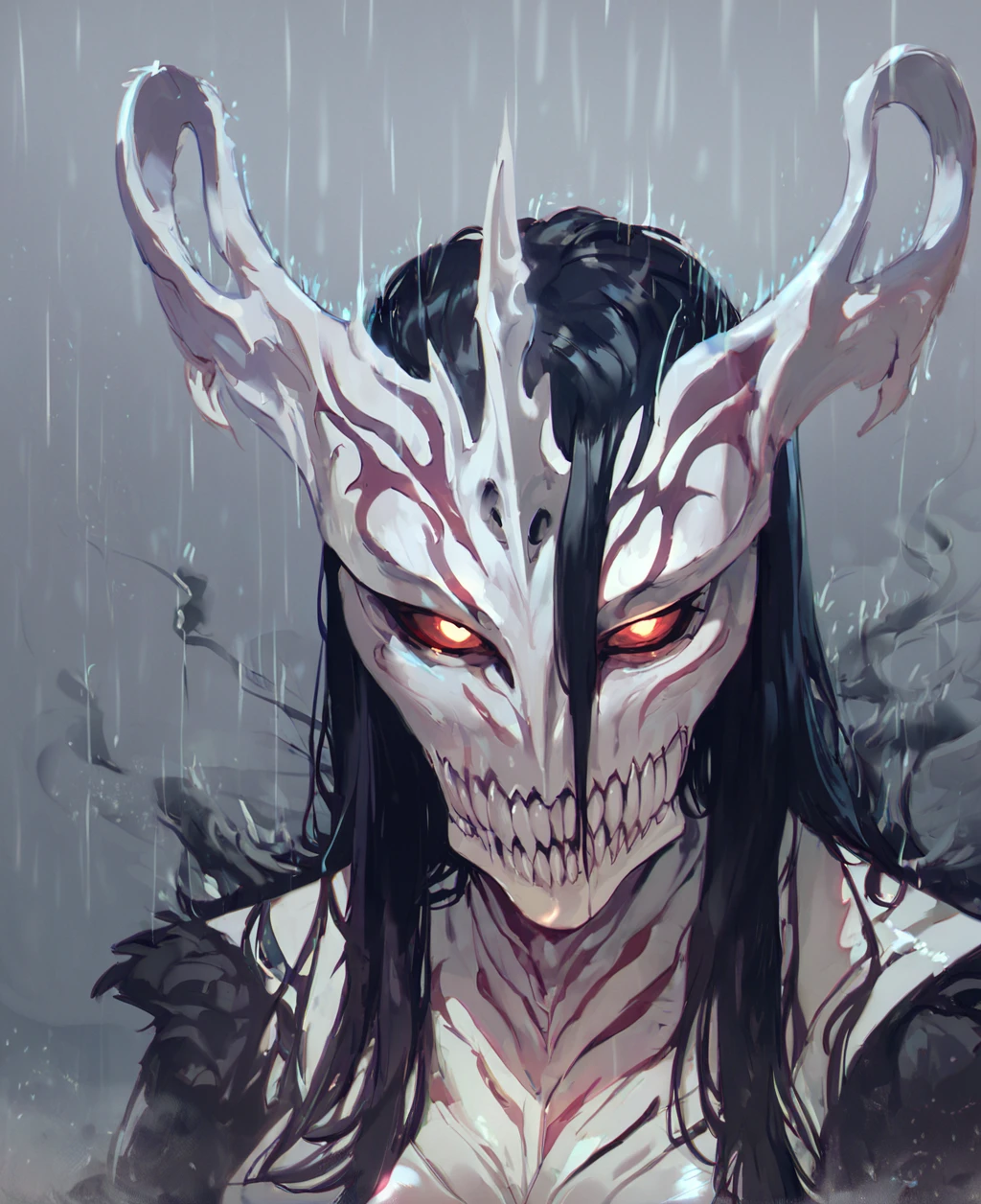 score_9,score_8_up,score_7_up,score_6_up,hollowfication,monster girl,black hair,long hair,medium breasts,armor,glowing,smoke,rain night,upper body,<lora:hollowxl-000004:1>,<lora:ratatatat74_pony_v1-000015:0.5>,