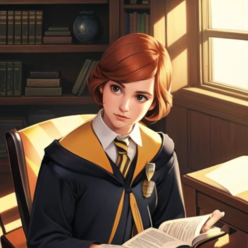 (best quality, ultra detailed), (detailed background:1.2), (perfect face, detailed face), (light rays, mature female:1.4), janecourt, 1girl, orange hair, solo, brown eyes, medium breasts, (hogwarts school uniform:1.1), black skirt, black pantyhose, collared shirt, white shirt, yellow necktie, striped necktie, wooden chair, desk, (looking down, window, indoors, sitting, reading, shadow, dark, leaning on desk, library, studying:1.2), (resting head, resting on elbow:1.3), <lora:JaneCourt_v1:0.75>, <lora:a_beam_of_light_v1.04:0.4>