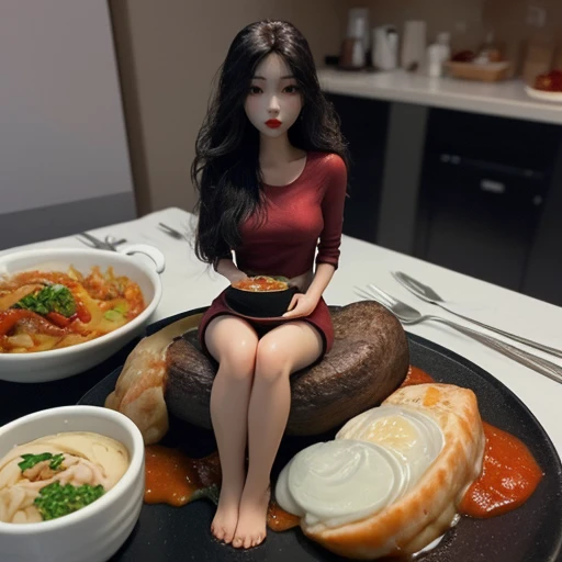 minigirl, shrunken woman, sitting on a dinner plate, surrounded by food, Korean woman, pretty, sexy, cute, mid 20s,  <lora:minigirl_v01:1>