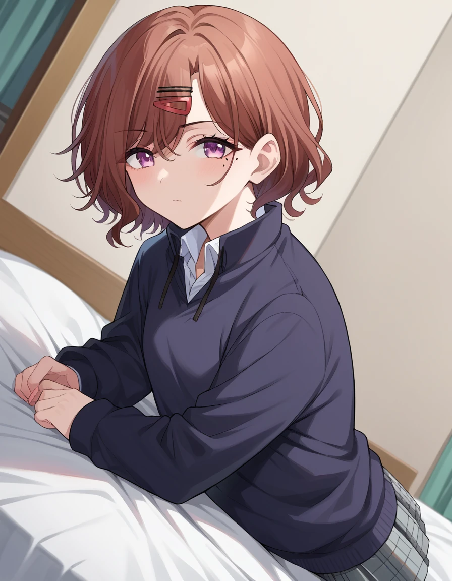 score_9, score_8_up, score_7_up, source_anime,
madokahiguchi, <lora:madoka-higuchi-ponyxl-lora-nochekaiser:1>,
madoka higuchi, brown hair, eyebrows hidden by hair, grey background, hair ornament, hairclip, mole, mole under eye, purple eyes, short hair, wavy hair,
black pantyhose, black shirt, pantyhose, plaid, plaid skirt, pleated skirt, school uniform, shirt, skirt,
indoors, bed, bed room, on side,
looking at viewer, dutch angle, cowboy shot,