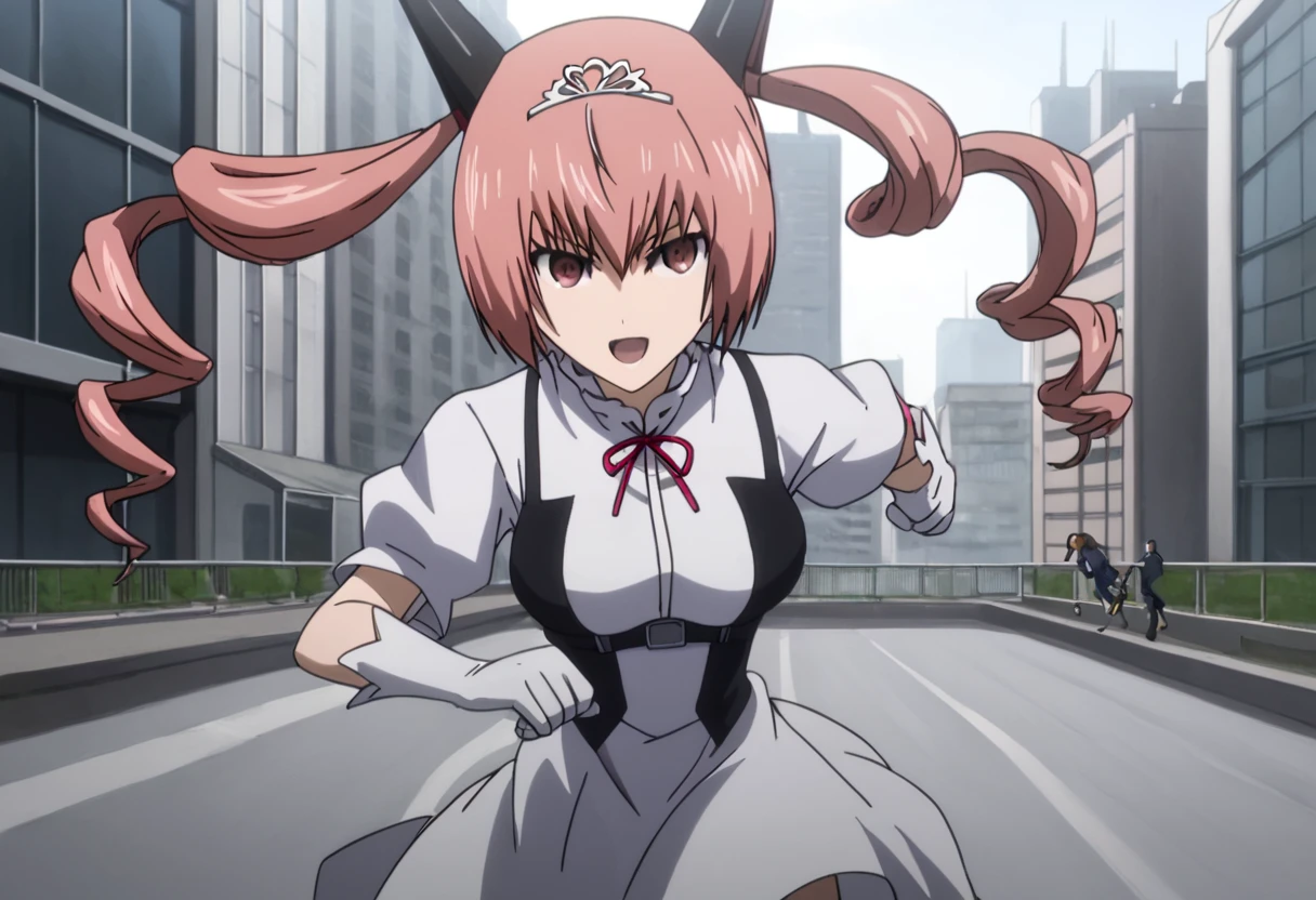 <lora:Faris:1> faris, AkihaRumiho,1girl,twin drills,pink eyes,solo, white_dress,white gloves, city,running,running away,