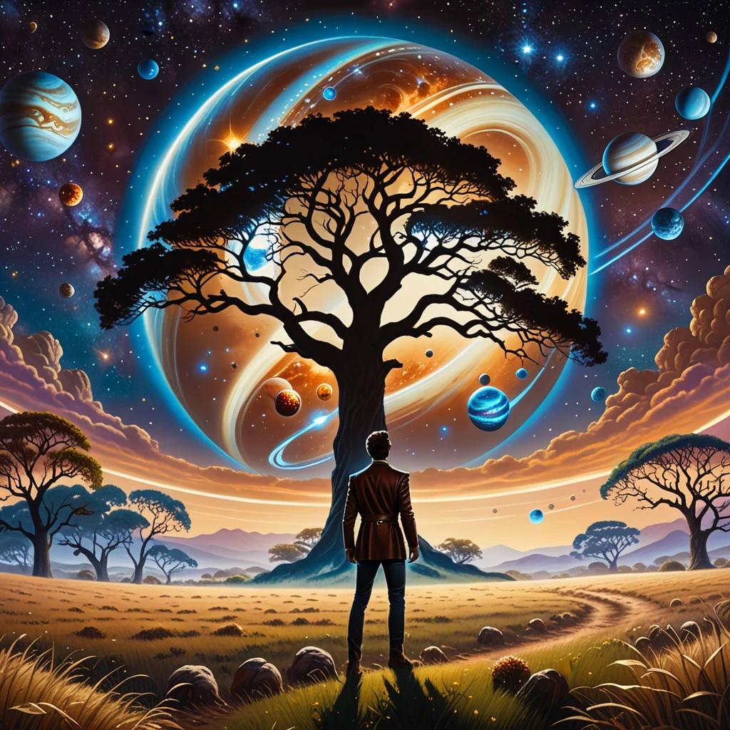 cinematic film still a painting of a man standing in a field with planets in the sky above him and a tree in the foreground, David A Hardy, fantasy artwork, a detailed painting, psychedelic art <lora:Blob_pixel_art-000005:0.8> . shallow depth of field, vignette, highly detailed, high budget, bokeh, cinemascope, moody, epic, gorgeous, film grain, grainy