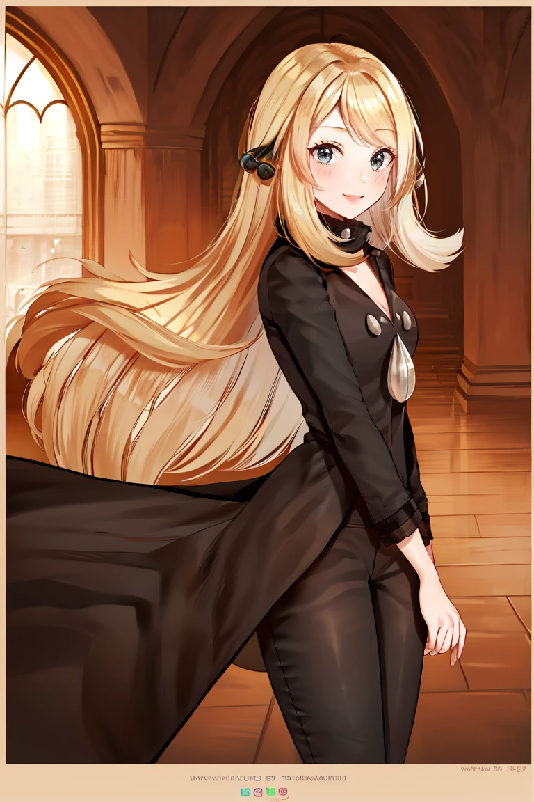 <lora:Puppypaww_Style:0.8>,((masterpiece,best quality)), absurdres, <lora:Cynthia_Pokemon:0.8>, Cynthia_Pokemon, solo, 1girl, blonde, long hair, black coat, black pants, solo, smiling, looking at viewer, cowboy shot