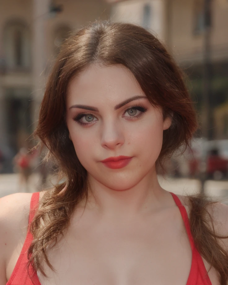 a picture of elig15, brunette, realistic, photorealistic, detailed skin, surface scattering, bokeh, skin pores, city streets,wearing a red dress,outdoors, <lora:elig15:1>looking at viewer
