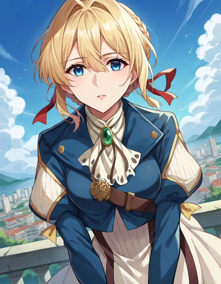 score_9, score_8_up, score_7_up, source_anime,
violetevergarden, <lora:violet-evergarden-ponyxl-lora-nochekaiser:1>,
violet evergarden, blonde hair, blue eyes, hair ribbon, ribbon, short hair, braids, hair braids, red ribbon, mature female,
blue jacket, brown gloves, cropped jacket, dress, gloves, green brooch, jacket, juliet sleeves, long sleeves, puffy sleeves, white dress,
outdoors, cityscape, bent over,
looking at viewer, cowboy shot, dutch angle,