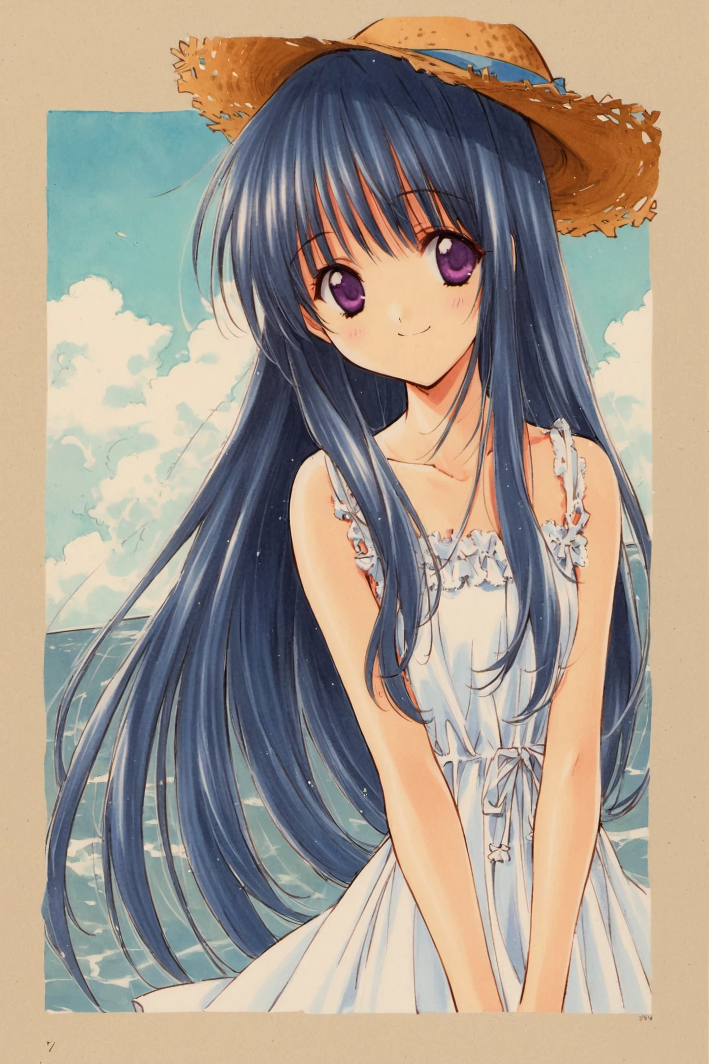 1girl, solo, hat, dress, day, straw hat, long hair, sundress, sky, blue hair, purple eyes, cloud, black hair, smile, white dress,traditional media,<lora:Aoi Nanase_XL:0.9>,