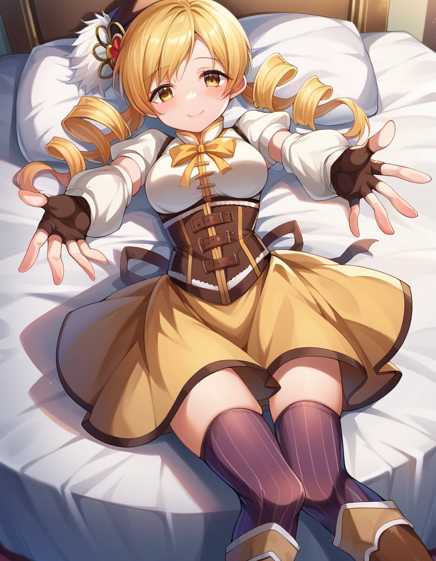 score_9, score_8_up, score_7_up, source_anime,
mamitomoe, <lora:mami-tomoe-ponyxl-lora-nochekaiser:1>,
mami tomoe, blonde hair, drill hair, twin drills, yellow eyes, smile,
boots, brown footwear, brown gloves, corset, detached sleeves, fingerless gloves, gloves, hat, juliet sleeves, knee boots, long sleeves, magical girl, puffy sleeves, skirt, striped, striped thighhighs, thighhighs, thighs, vertical stripes, vertical-striped thighhighs, yellow skirt,
indoors, bed, bed room, on back, arm support, arms up, incoming hug, pov, reaching, reaching towards viewer,
looking at viewer, dutch angle, cowboy shot,