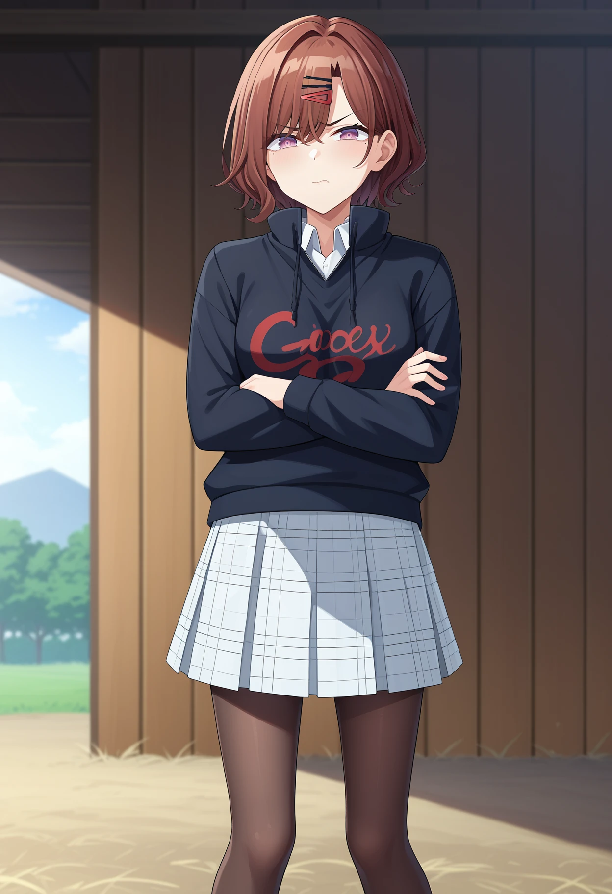 score_9, score_8_up, score_7_up, BREAK source_anime, 1girl, higuchi madoka, short hair, brown hair, hairpin, purple eyes, black hoodie, collared shirt, plaid skirt, pantyhose, disgust, sideways, barn <lora:brj-madoka-pony-v0.5:1>