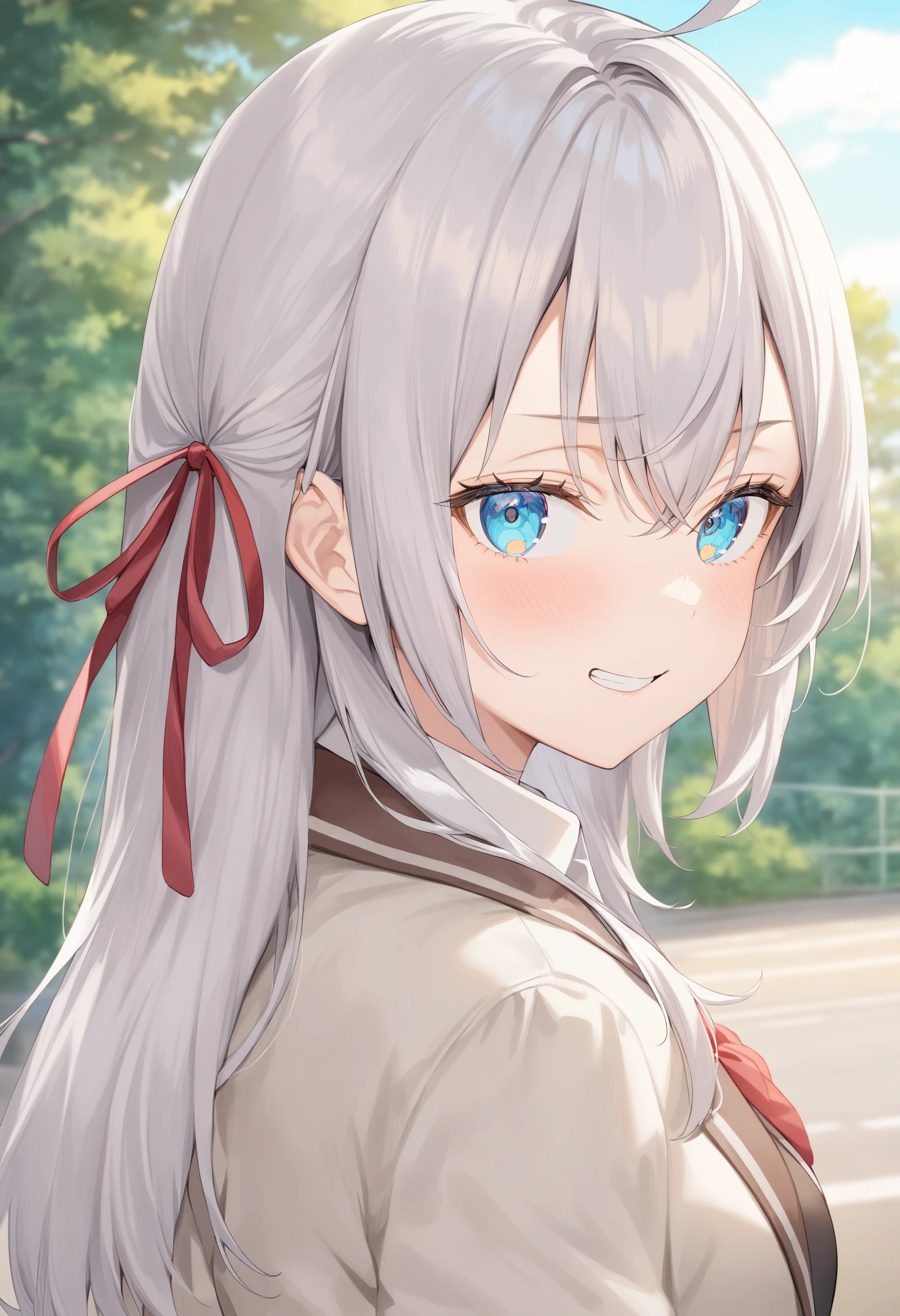 1girl,  alisa mikhailovna kujou,tokidoki bosotto roshia-go de dereru tonari no arya-san,<lora:alisa_XL_v1:0.7>
solo, long hair, eyebrows visible through hair, hair between eyes, silver hair, hair ribbon, blue eyes, medium breasts, school uniform,
from behind, portrait, looking to the side, grin, outdoors, closed mouth,
best quality, very aesthetic, absurdres