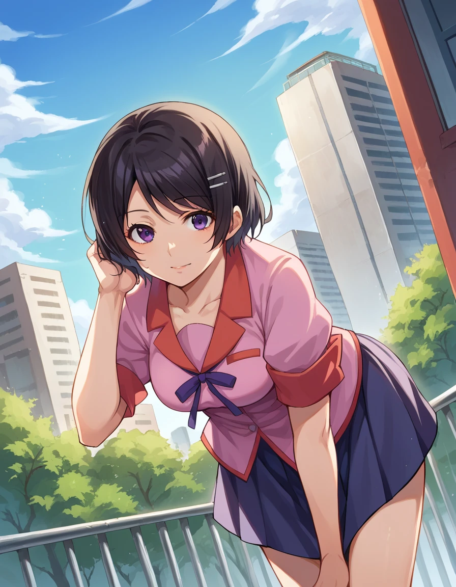 score_9, score_8_up, score_7_up, source_anime,
tsubasahanekawa, <lora:tsubasa-hanekawa-ponyxl-lora-nochekaiser:1>,
hanekawa tsubasa, short hair, black hair, hair ornament, purple eyes, hairclip, mature female,
skirt, school uniform, naoetsu high school uniform,
outdoors, cityscape, bent over,
looking at viewer, cowboy shot, dutch angle,