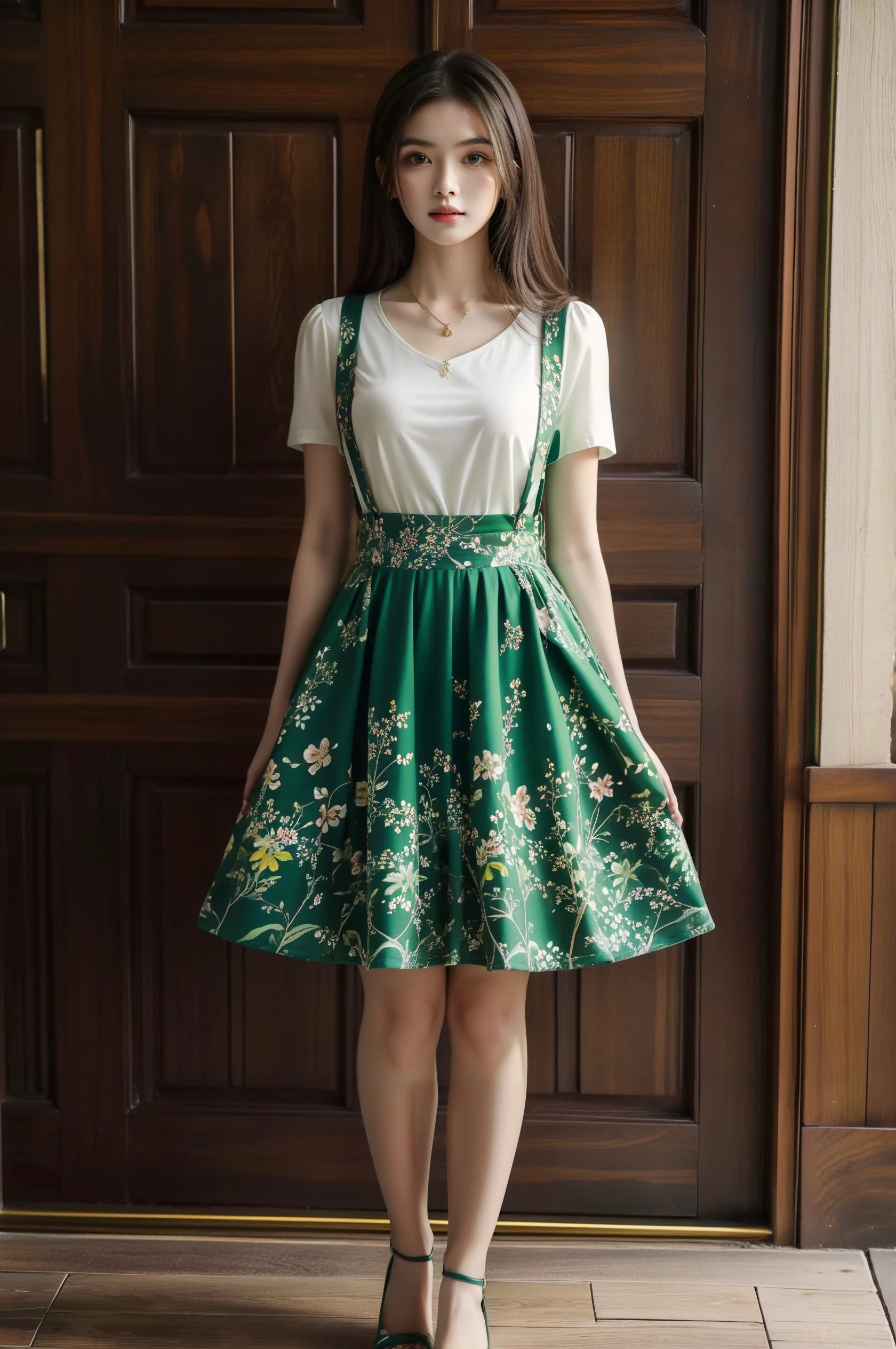 masterpiece,best quality,1girl,<lora:Miniskirt:0.8>,miniskirt,full body,suspender,green,floral print,