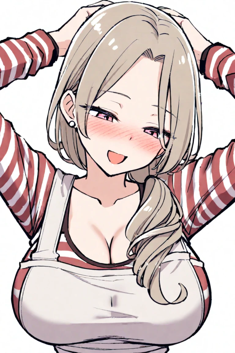 masterpiece, best quality,hahaoya,1girl, solo,pink eyes,, bangs, jewelry,large breasts, arms up, blush,earrings, shirt, cleavage,long sleeves, hair over shoulder, open mouth, striped shirt, smile,apron, striped, half-closed eyes, upper body, white background, simple background, 
<lora:hahaoya e1-000009:0.75>