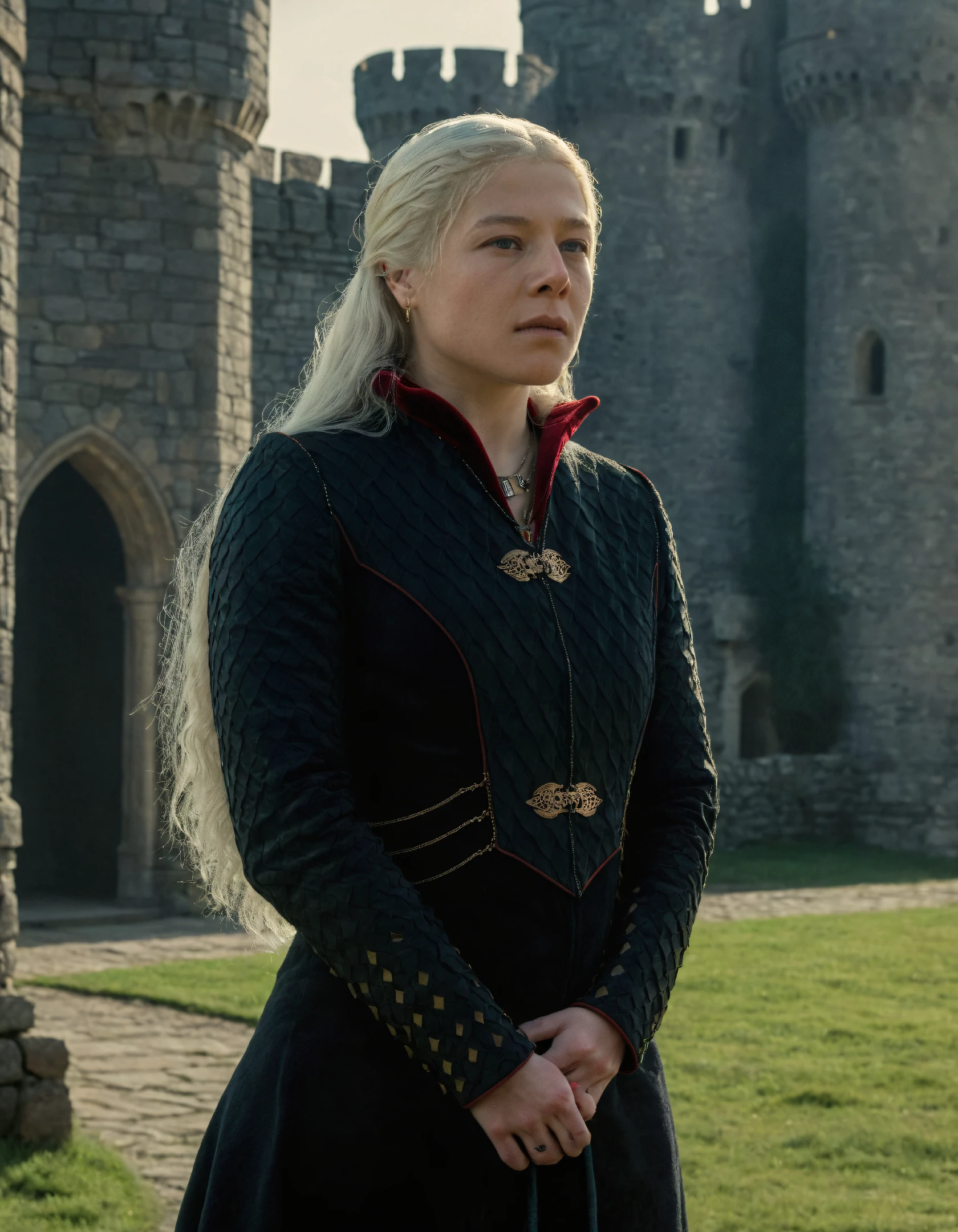 super high resolution photo,full body shot of rha3nyra,she has long white hair,she is wearing a black queen jacket and she is standing outside in front of a castle,super detailed background,depth of field,(sweaty skin:1.2),volumetric lighting,during daylight,(surreal dramatic lighting shadow),natural lighting