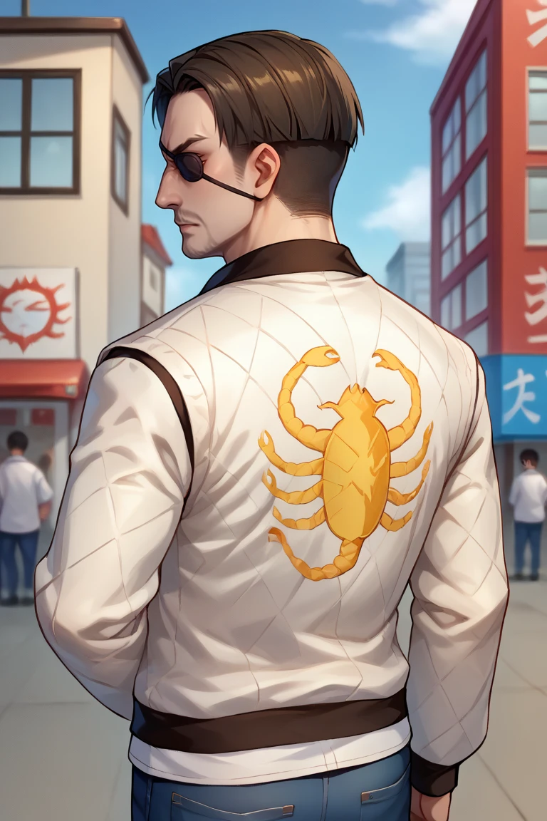 score_9, score_8_up, score_7_up, BREAK, 1boy, solo,  <lora:majima-guy-PONYv1:.9>, majima, majimaDEF, eyepatch, <lora:drivejacket-outfit-richy-v1_pdxl:0.95> print jacket, white jacket, from behind, jeans, looking back,