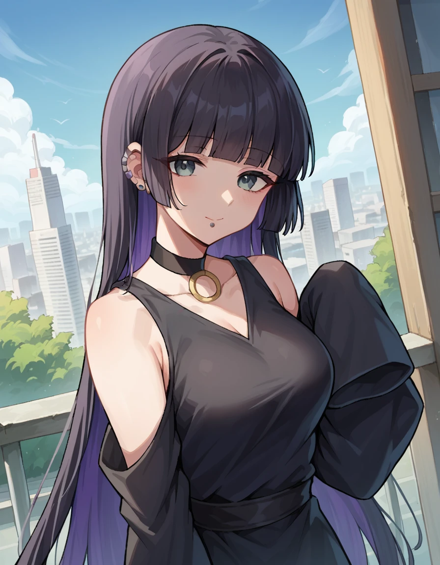 bocchipasan, <lora:pasantest:1>, pasan, black hair, blunt bangs, blunt ends, chin piercing, colored inner hair, ear piercing, (grey eyes:1.2), hime cut, long hair, medium bangs, multicolored hair, piercing, purple hair,
BREAK bare shoulders, black choker, black dress, black sleeves, choker, clothing cutout, detached sleeves, dress, gothic, shoulder cutout, sleeves past fingers, sleeves past wrists, very long sleeves,
BREAK looking at viewer,
BREAK outdoors, city,
BREAK <lora:GoodHands-vanilla:1>, (masterpiece:1.2), best quality, high resolution, unity 8k wallpaper, (illustration:0.8), (beautiful detailed eyes:1.6), extremely detailed face, perfect lighting, extremely detailed CG, (perfect hands, perfect anatomy),