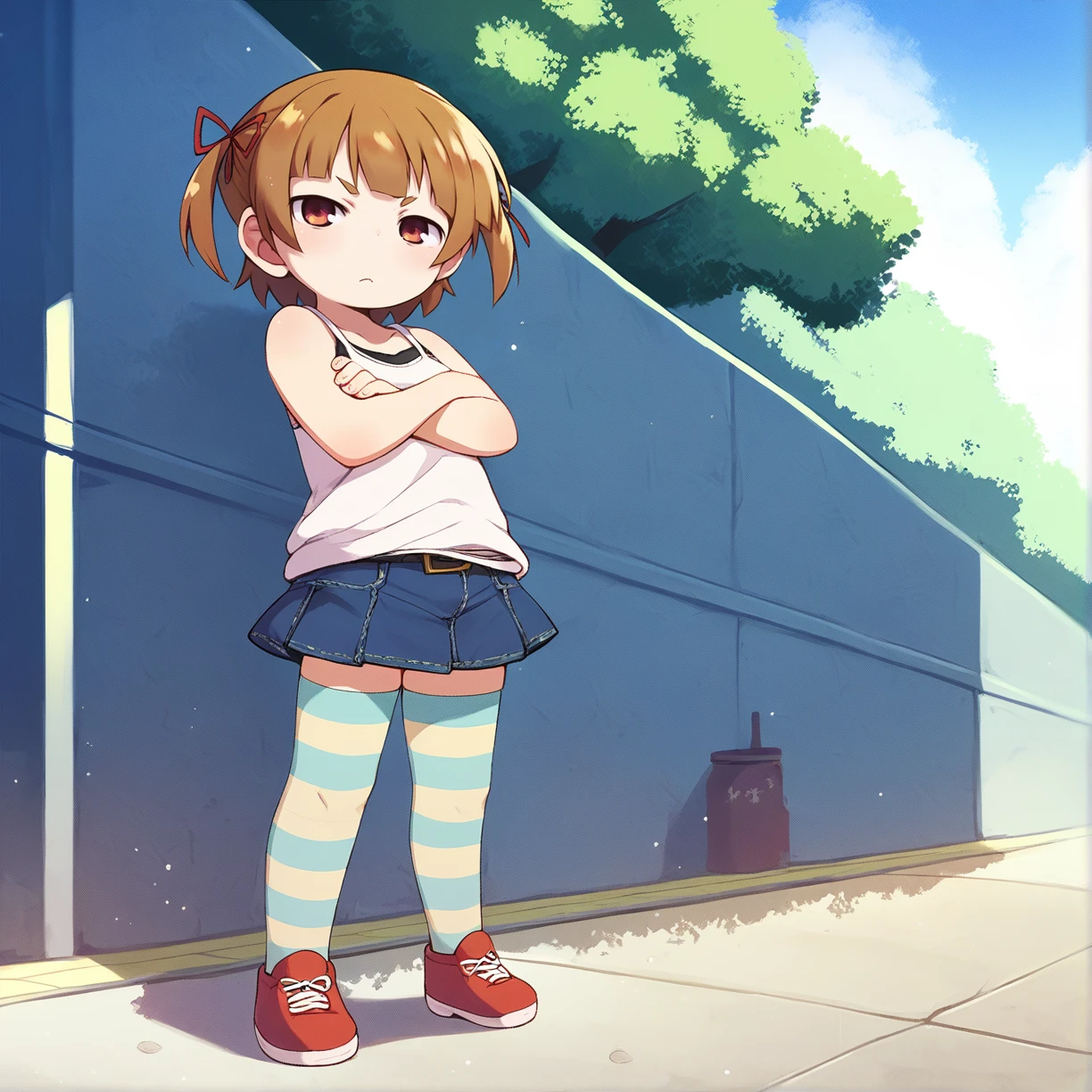 <lora:autism lora:0.8>
<lora:sd_xl_dpo_lora_v1:1>
score_8_up, score_9, score_7_up, score_6_up, score_5_up, score_4_up, source_anime
BREAK
<lora:mitsuba-000005:1>
marui mitsuba, hair ribbon, short twintails, solo, full body, crossed arms, barefoot, denim skirt, striped thighhighs, tank top, solo, outdoors, shoes