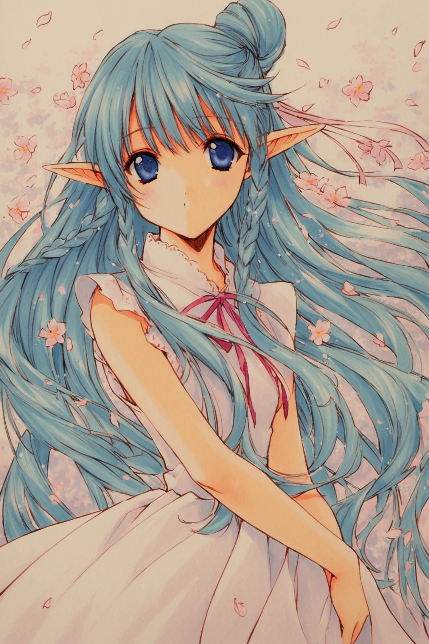 1girl,solo,pointy ears,long hair,petals,elf,hair bun,flower,braid,dress,ribbon,traditional media,<lora:Aoi Nanase_XL:0.9>,