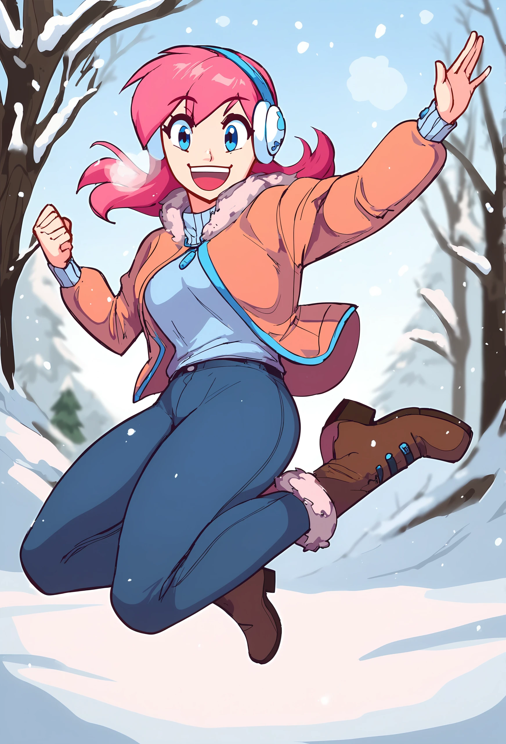 score_9, score_8_up, score_7_up, score_6_up, score_5_up, score_4_up, outdoors, snow, breath BREAK
<lora:derpixon_style_ponyXL_v1_resized:1> derpixonstyle, 1girl, solo jumping, dynamic pose, smile, long hair, pink hair, sidelocks, fur-trimmed boots, pants, jacket, fur trim, jumping, blue eyes, earmuffs