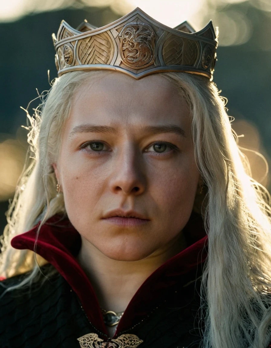 super high resolution photo (from below point of view),close-up of rha3nyra,she has long white hair,looking at camera,taking a selfie with phone,she is wearing a black queen jacket and a crown,depth of field,(sweaty skin:1.2),volumetric lighting,during daylight,(surreal dramatic lighting shadow),natural lighting
