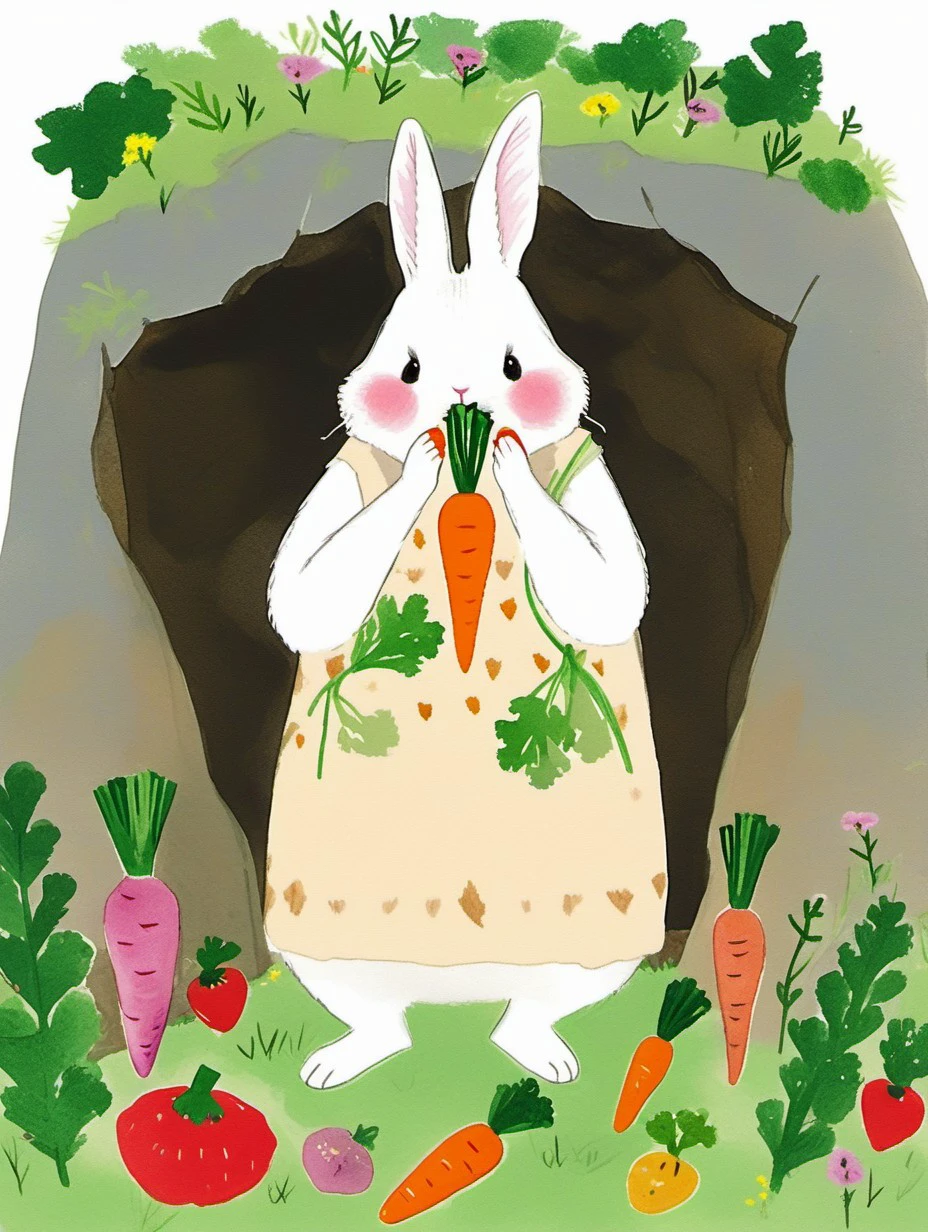 masterpiece, high quality,A cute little rabbit eating carrots at the mouth of the cave,hand drawing,illustration <lora:J_drawing XL:0.8> j_drawing