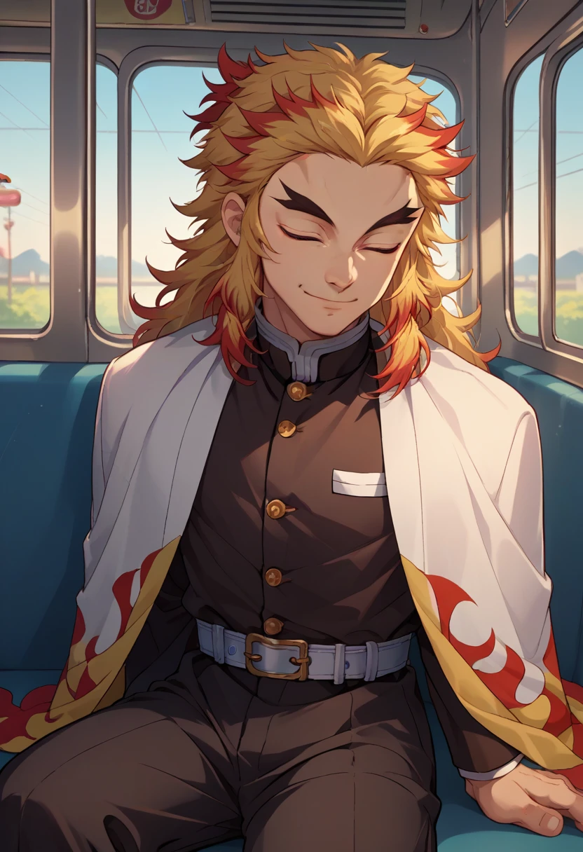 score_9, score_8_up, score_7_up, source_anime, solo, male focus, 1boy, rengoku kyojuro, smile, closed mouth, sitting, leaning back, forked eyebrows, closed eyes, demon slayer uniform, black jacket, long sleeves, white cape, black pants, belt, train interior <lora:demonslayer_rengoku_ponyXL:1>