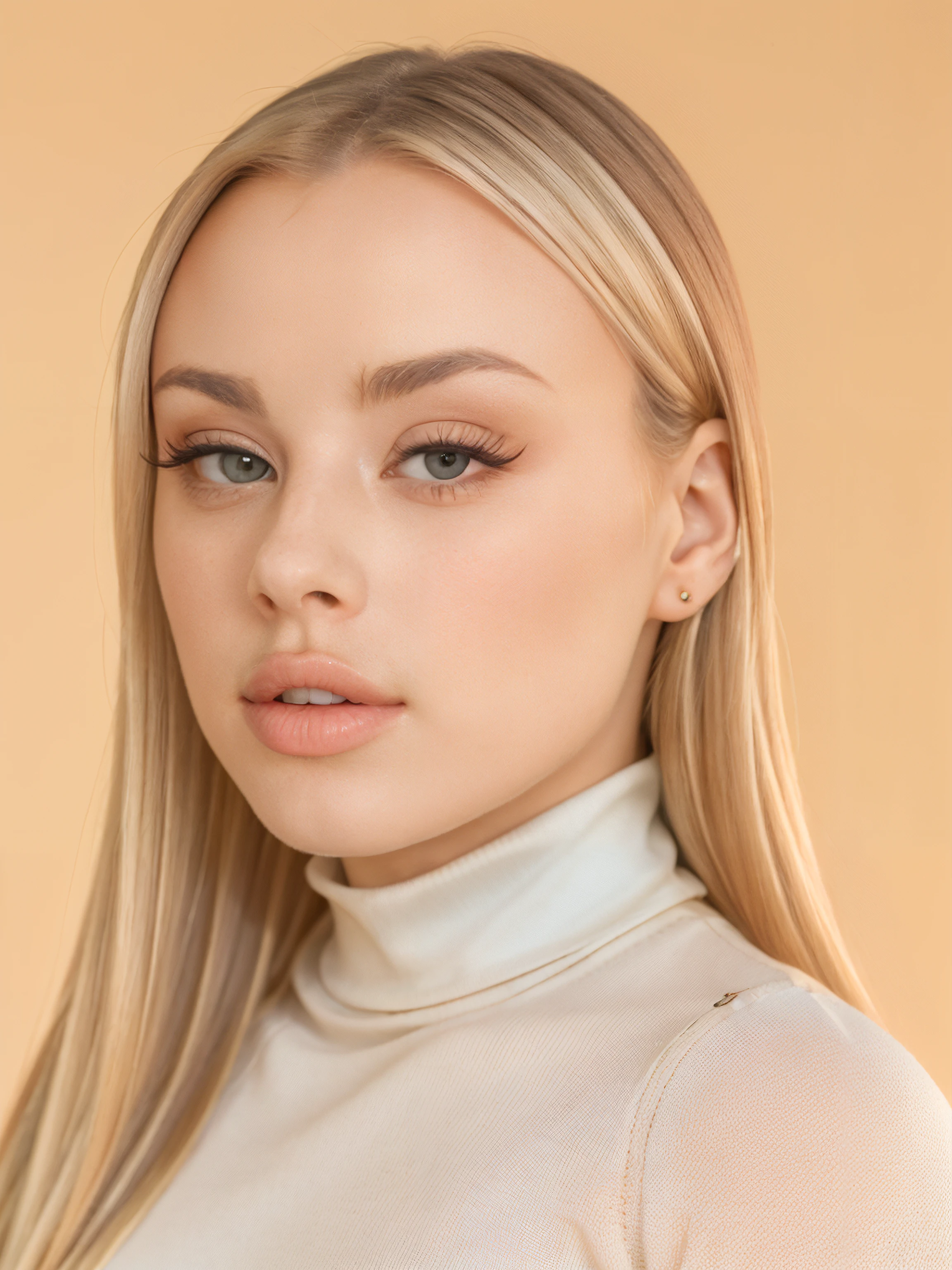 aclaireclouds, a closeup photo of a beautiful  woman (wearing turtleneck jumper:1.2), long perfect blonde hair,,,, (simple background:1.2),  cinematic, film grain, movie still, (color picture:1.1),  shot with Fuji XT3,  <lora:aclaireclouds:1>