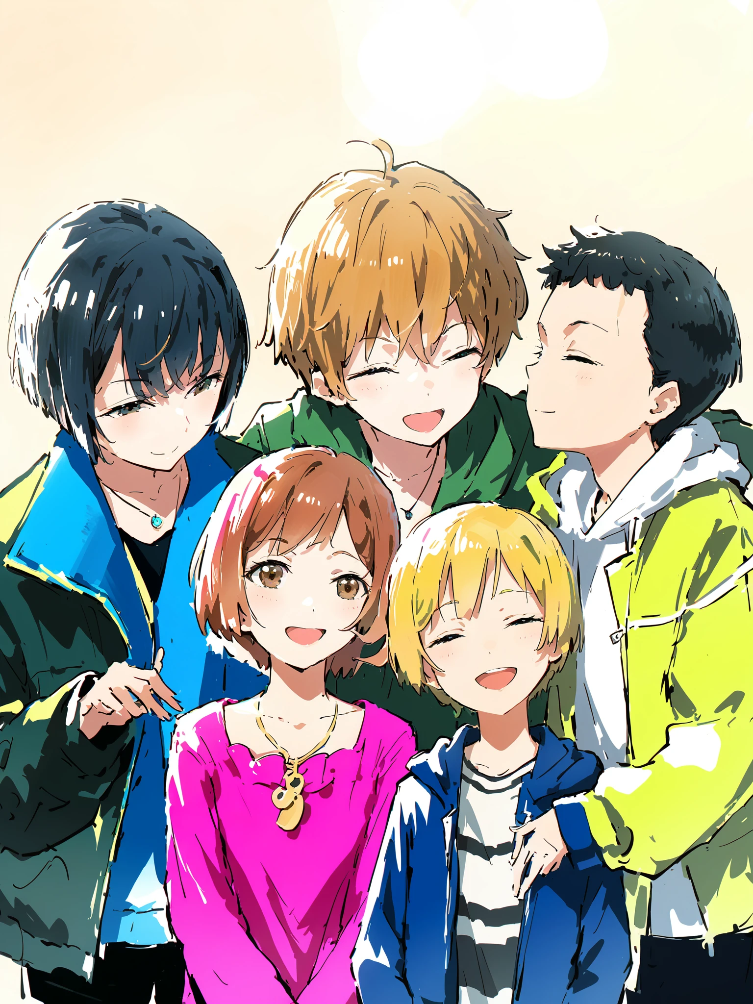 masterpiece, best quality, <lora:style26-kohaku-xl:1>,multiple boys, brown hair, multiple girls, black hair, closed eyes, short hair, watercolor (medium), traditional media, dress, painting (medium), smile, jacket, brown eyes, pink dress, animal ears, 4boys, hood, long hair, shirt, bangs, 5boys, grey hair, open mouth, 6+boys, satonaka chie, bob cut, 4girls, looking at viewer, long sleeves, blonde hair, necklace, coat, hoodie
