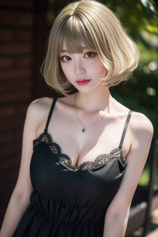 ltra-detailed,highly detailed,best quality,masterpiece,illustration,realistic,photorealistic,
takagaki kaede, 1girl, solo, cosplay,mole,
sleeveless dress, lace trim, jewelry,
short hair, bangs, blonde hair,
looking at viewer, upper body,
<lora:takagaki kaede_v1_02:0.7>