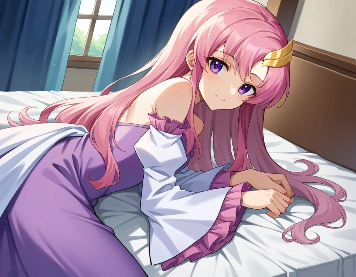 score_9, score_8_up, score_7_up, source_anime,
lacusclyne, <lora:lacus-clyne-ponyxl-lora-nochekaiser:1>,
lacus clyne, purple eyes, hair ornament, long hair, wave hair ornament, pink hair, smile,
dress, long dress, long sleeves, white sleeves, frills frilled skirt, frilled sleeves, detached sleeves, bare shoulders,
indoors, bed, bed room, on side,
looking at viewer, dutch angle, cowboy shot,