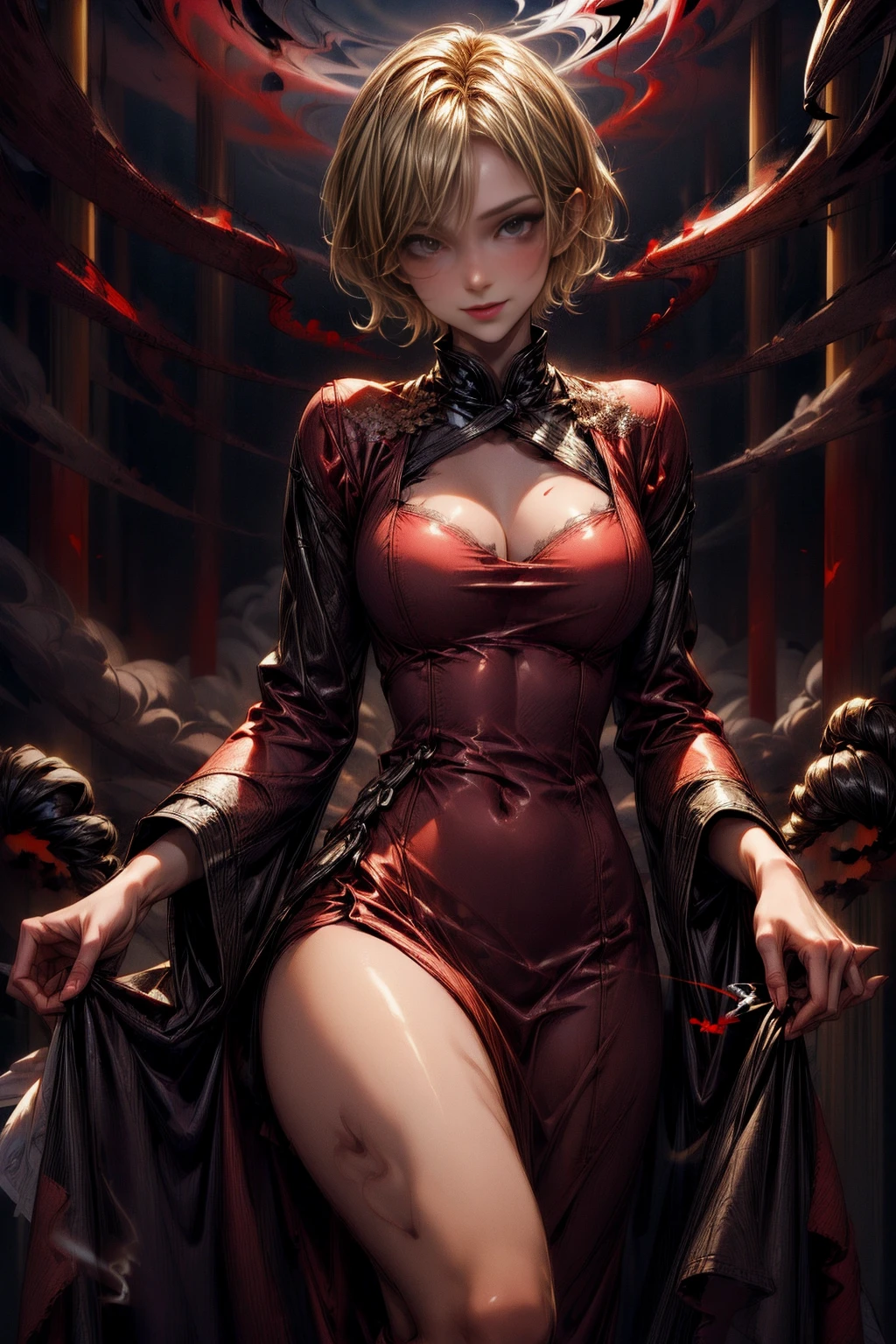 <lora:BurnSmokeWorld:1> (BurnSmokeWorld:1.05) 1girl ,( short blonde hair:1.2),walking in forest with a long dress, red bra smiling  <lora:more_details:1.6>