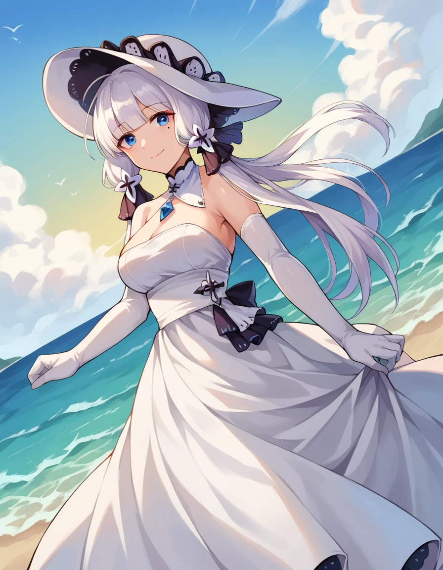 score_9, score_8_up, score_7_up, source_anime,
illustrious, <lora:azur-lane-illustrious-ponyxl-lora-nochekaiser:1>,
illustrious, blue eyes, hair ornament, hair ribbon, long hair, mole, mole under eye, white hair, smile,
dress, elbow gloves, gloves, hat, ribbon, white dress, white gloves, white headwear,
outdoors, ocean, ship, sea,
looking at viewer, cowboy shot, dutch angle,