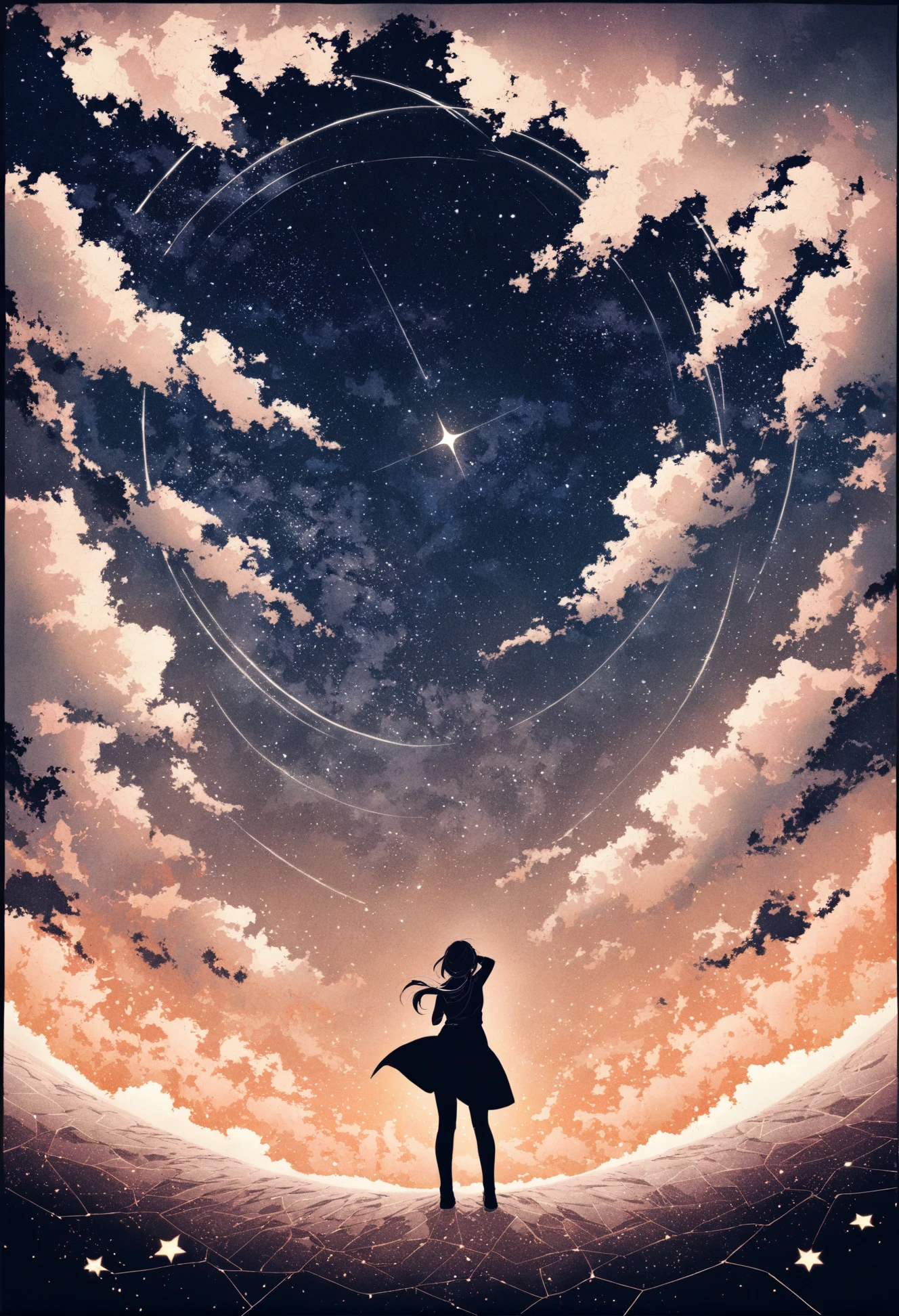 masterpiece, best quality,1girl, solo, standing, monochrome, abstract ,sky, cloud, star (sky), border, scenery, outdoors, black border, starry sky, cloudy sky, sunset
<lora:potgXLlokr4f-000143:1>